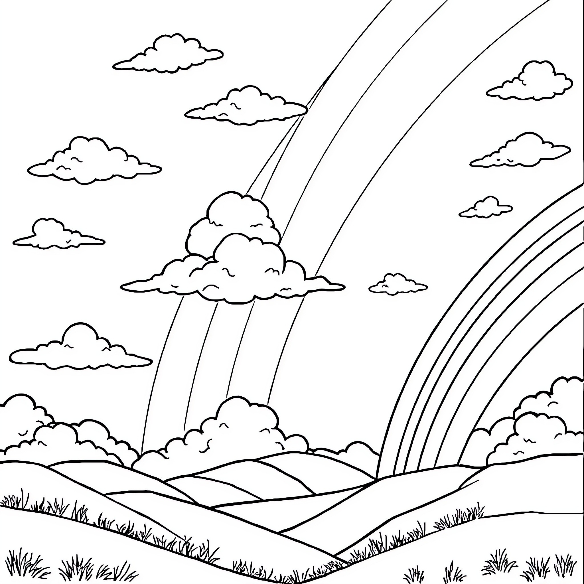 Rainbow Sky Landscape with Clouds Coloring Page (free black-and-white line drawing printable PDF for all, from beginners to advanced learners, including children, teens, adults, and seniors)