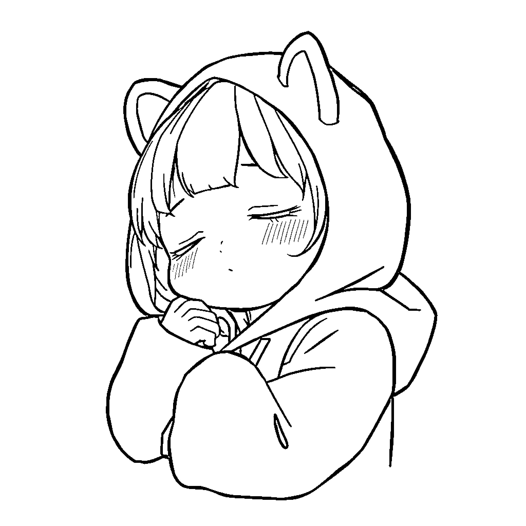 Kuromi character in pensive pose Coloring Page (free black-and-white line drawing printable PDF for all, from beginners to advanced learners, including children, teens, adults, and seniors)