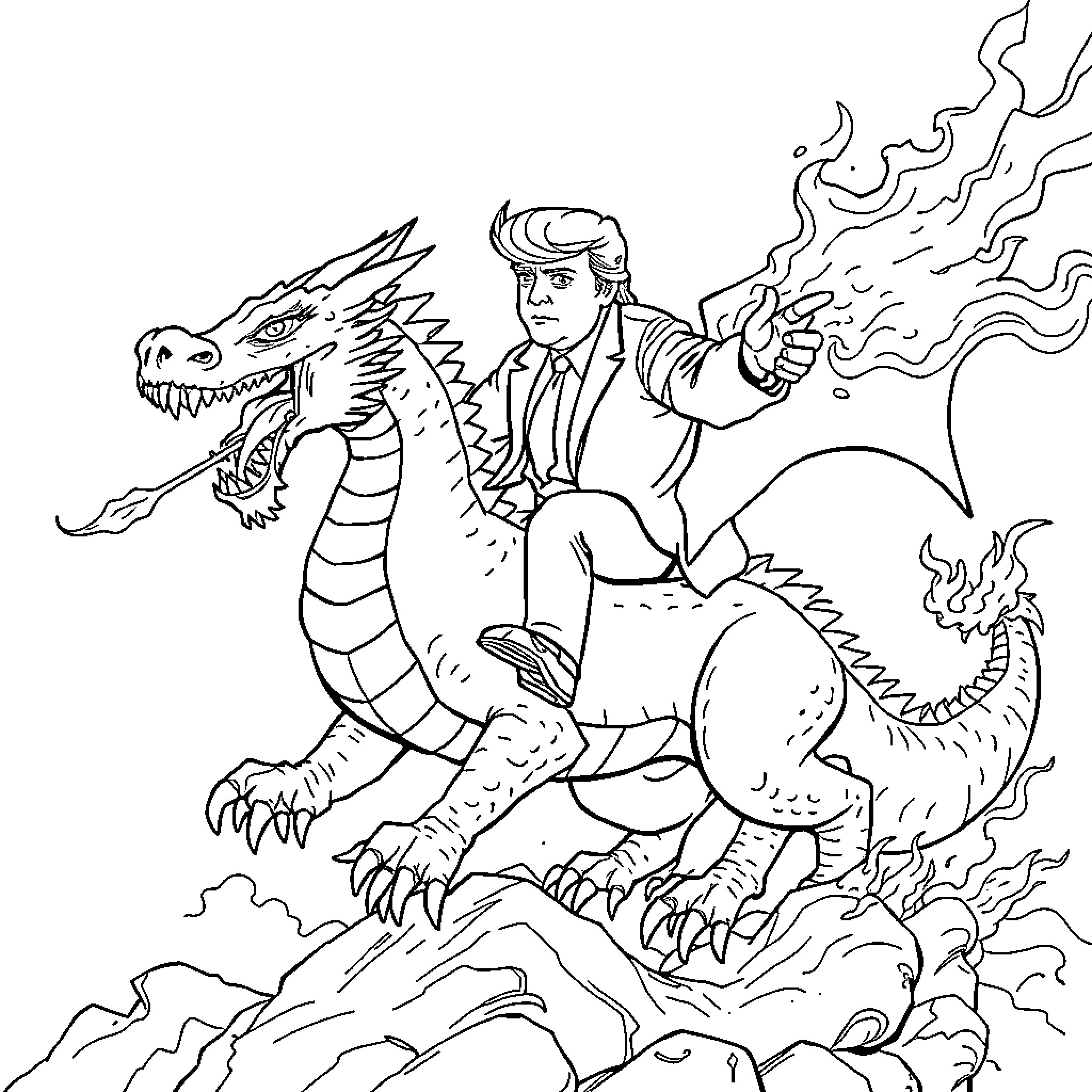 Donald Trump riding a fiery dragon Coloring Page (free black-and-white line drawing printable PDF for all, from beginners to advanced learners, including children, teens, adults, and seniors)