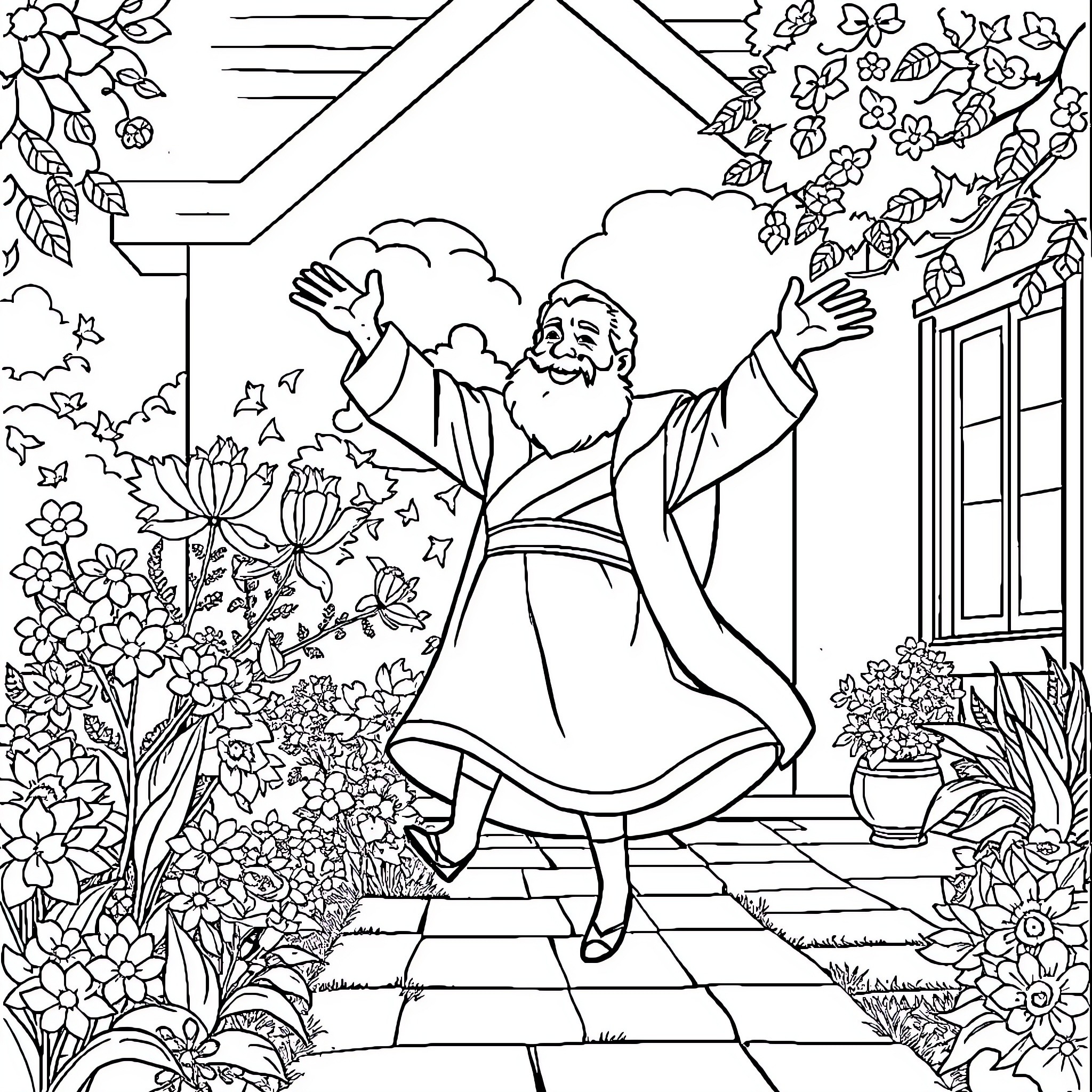 Papa's Joyful Garden Dance Coloring Page (free black-and-white line drawing printable PDF for all, from beginners to advanced learners, including children, teens, adults, and seniors)