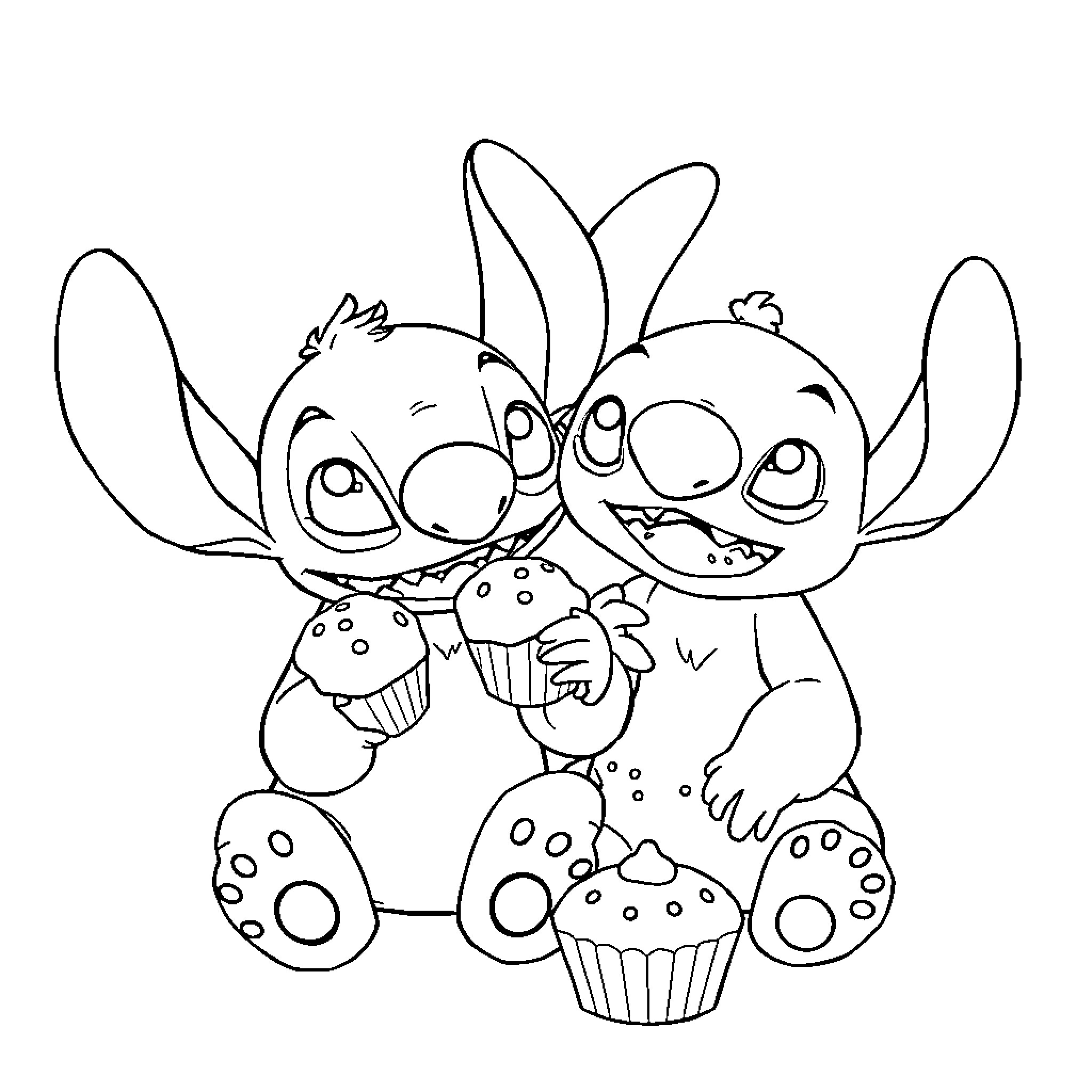 Bluey and Stitch Sharing Cupcakes Joyfully Coloring Page (free black-and-white line drawing printable PDF for all, from beginners to advanced learners, including children, teens, adults, and seniors)