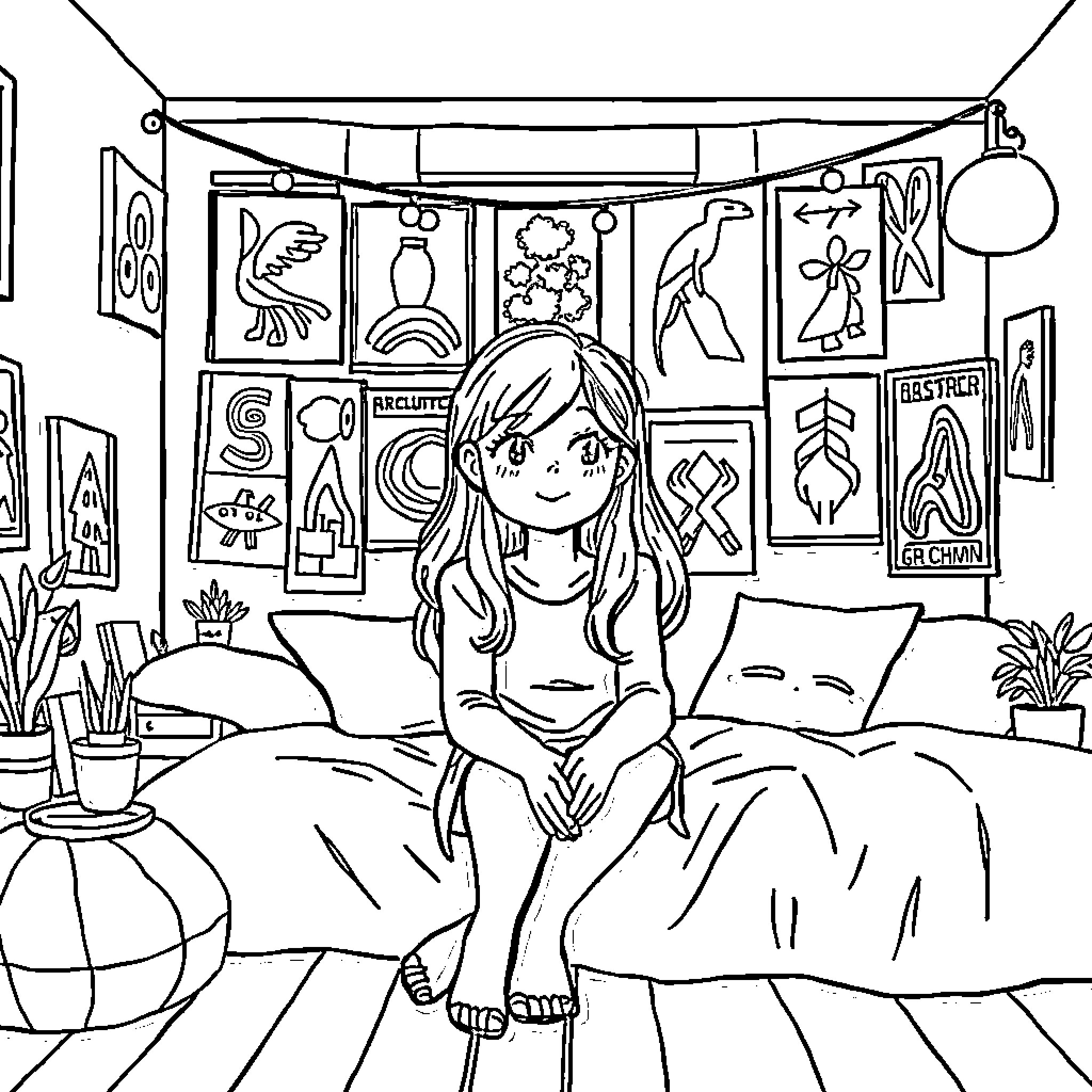 Girl Sitting Happily in Her Decorated Room Coloring Page (free black-and-white line drawing printable PDF for all, from beginners to advanced learners, including children, teens, adults, and seniors)