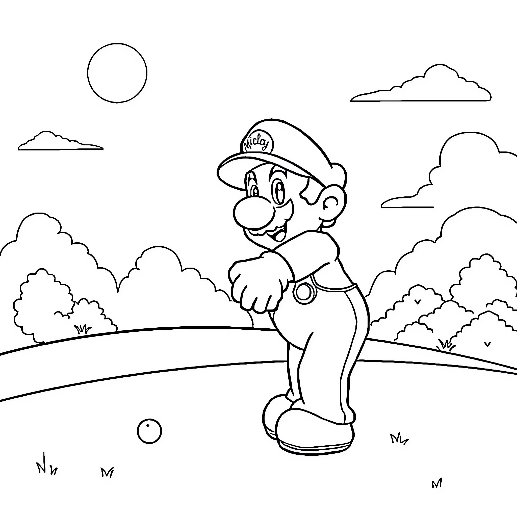Mario enjoying a day outdoors in the countryside Coloring Page (free black-and-white line drawing printable PDF for all, from beginners to advanced learners, including children, teens, adults, and seniors)