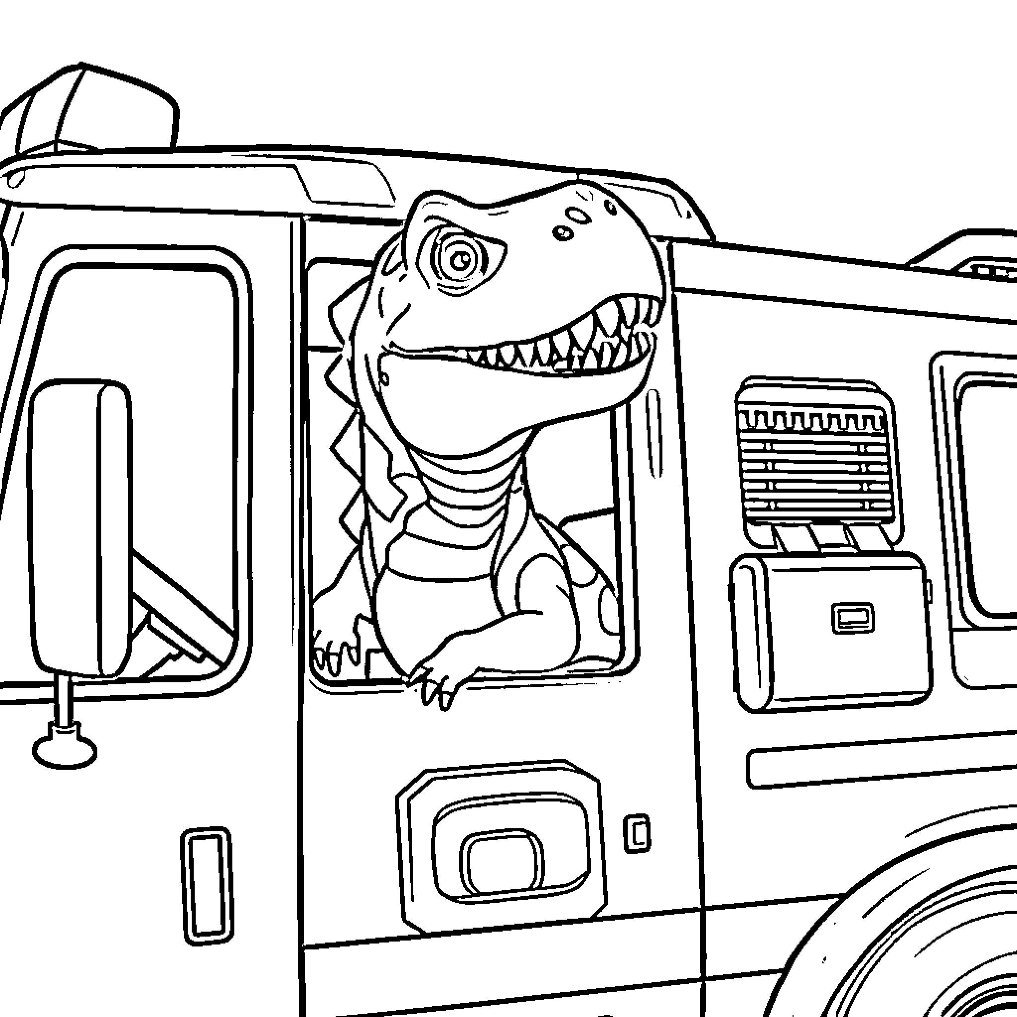 Dinosaur peeking out of futuristic vehicle Coloring Page (free black-and-white line drawing printable PDF for all, from beginners to advanced learners, including children, teens, adults, and seniors)