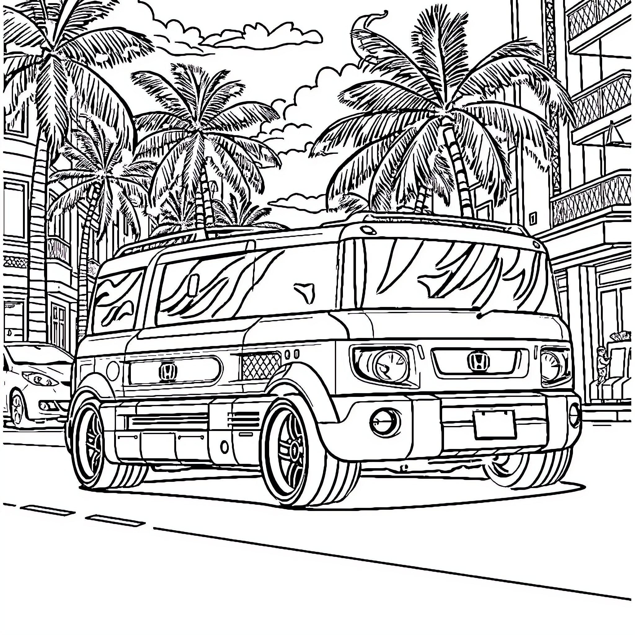 Honda Cruising through Tropical Paradise Coloring Page (free black-and-white line drawing printable PDF for all, from beginners to advanced learners, including children, teens, adults, and seniors)