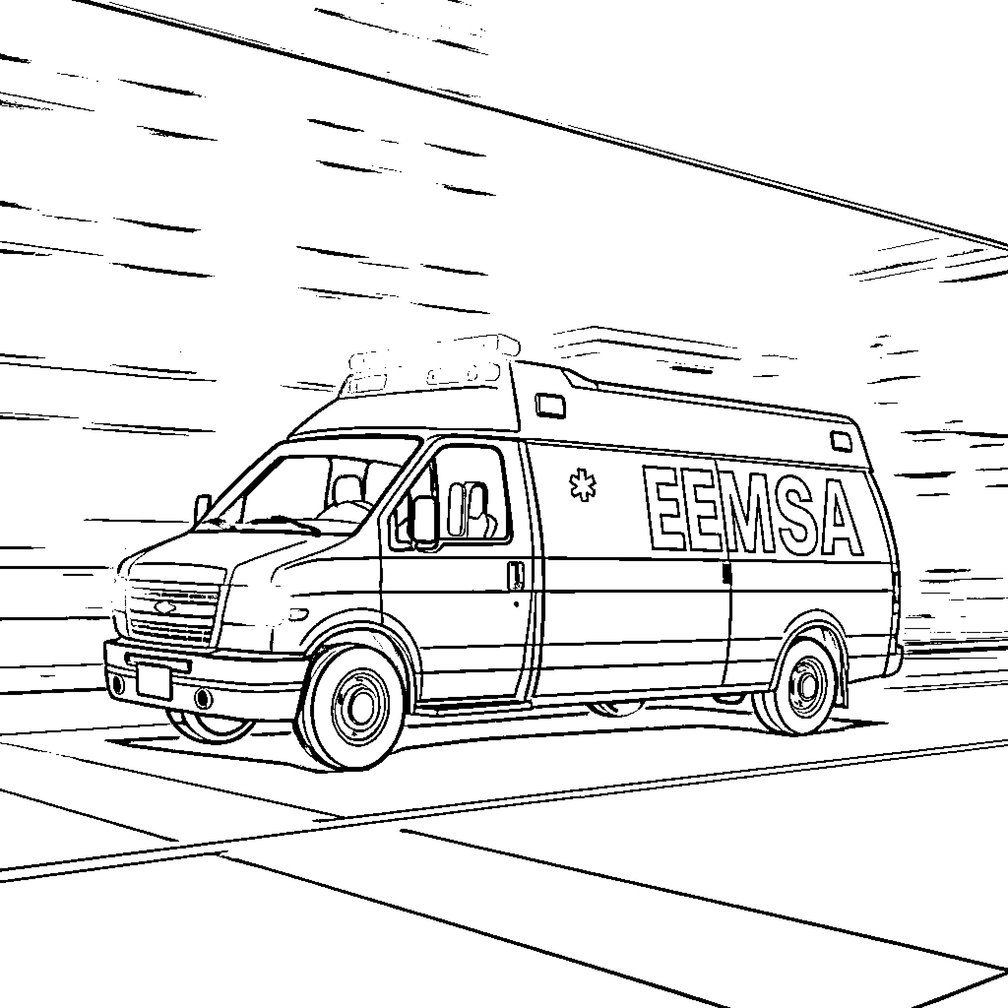 Ambulance rushing to the scene with urgency Coloring Page (free black-and-white line drawing printable PDF for all, from beginners to advanced learners, including children, teens, adults, and seniors)
