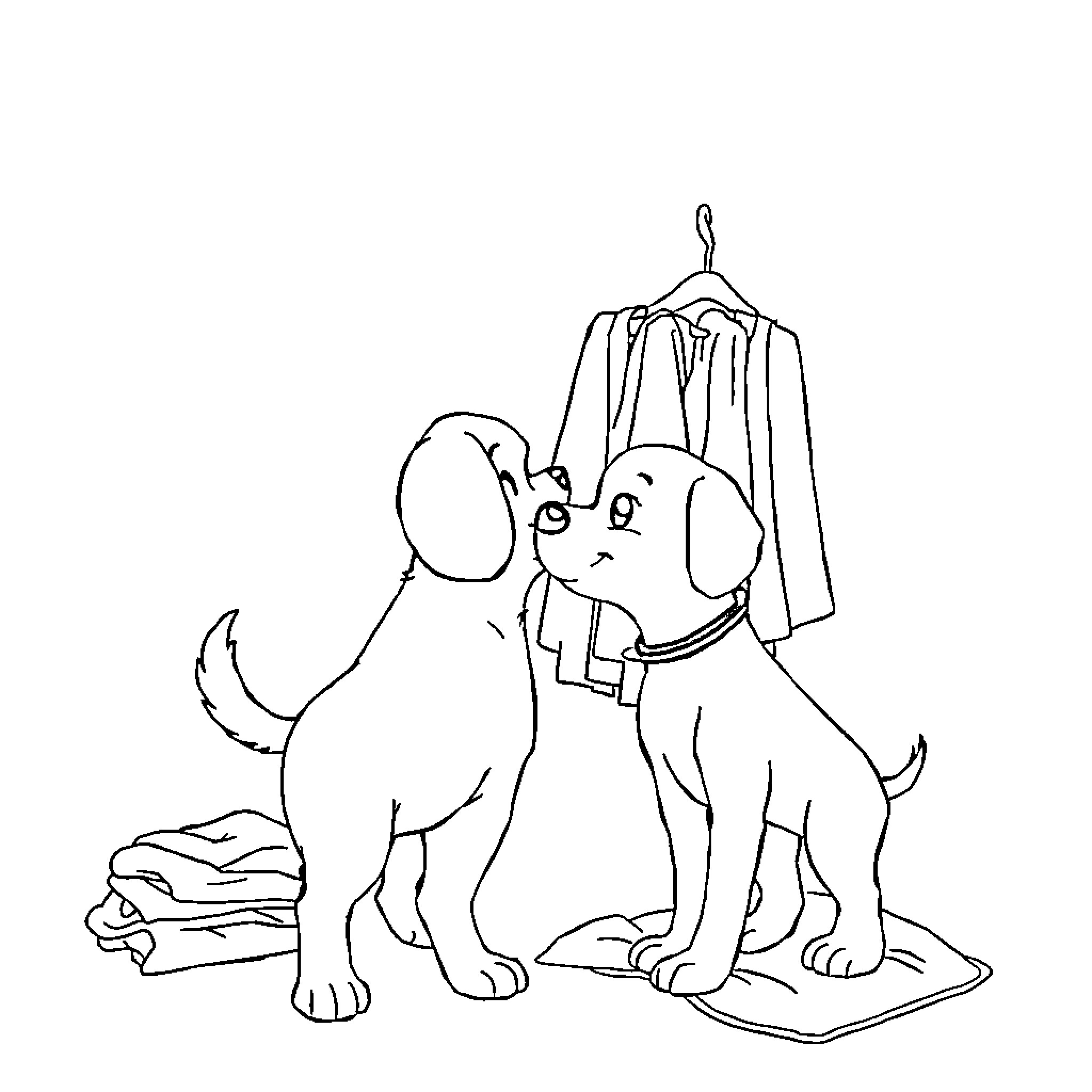 Dog eyeing clothes on hanger Coloring Page (free black-and-white line drawing printable PDF for all, from beginners to advanced learners, including children, teens, adults, and seniors)