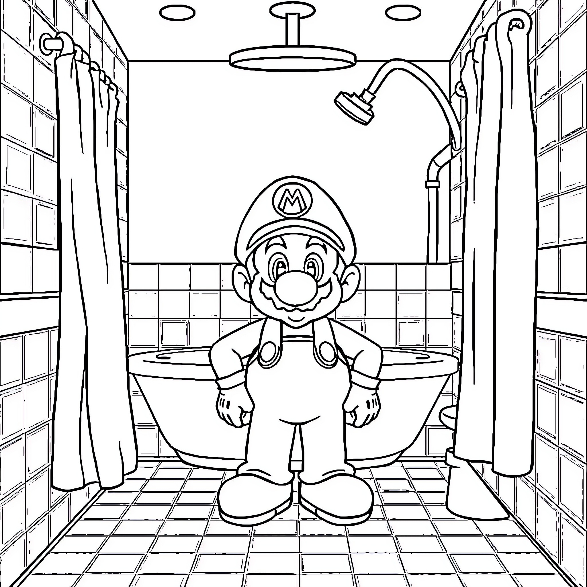 Mario relaxing in a bathroom Coloring Page (free black-and-white line drawing printable PDF for all, from beginners to advanced learners, including children, teens, adults, and seniors)