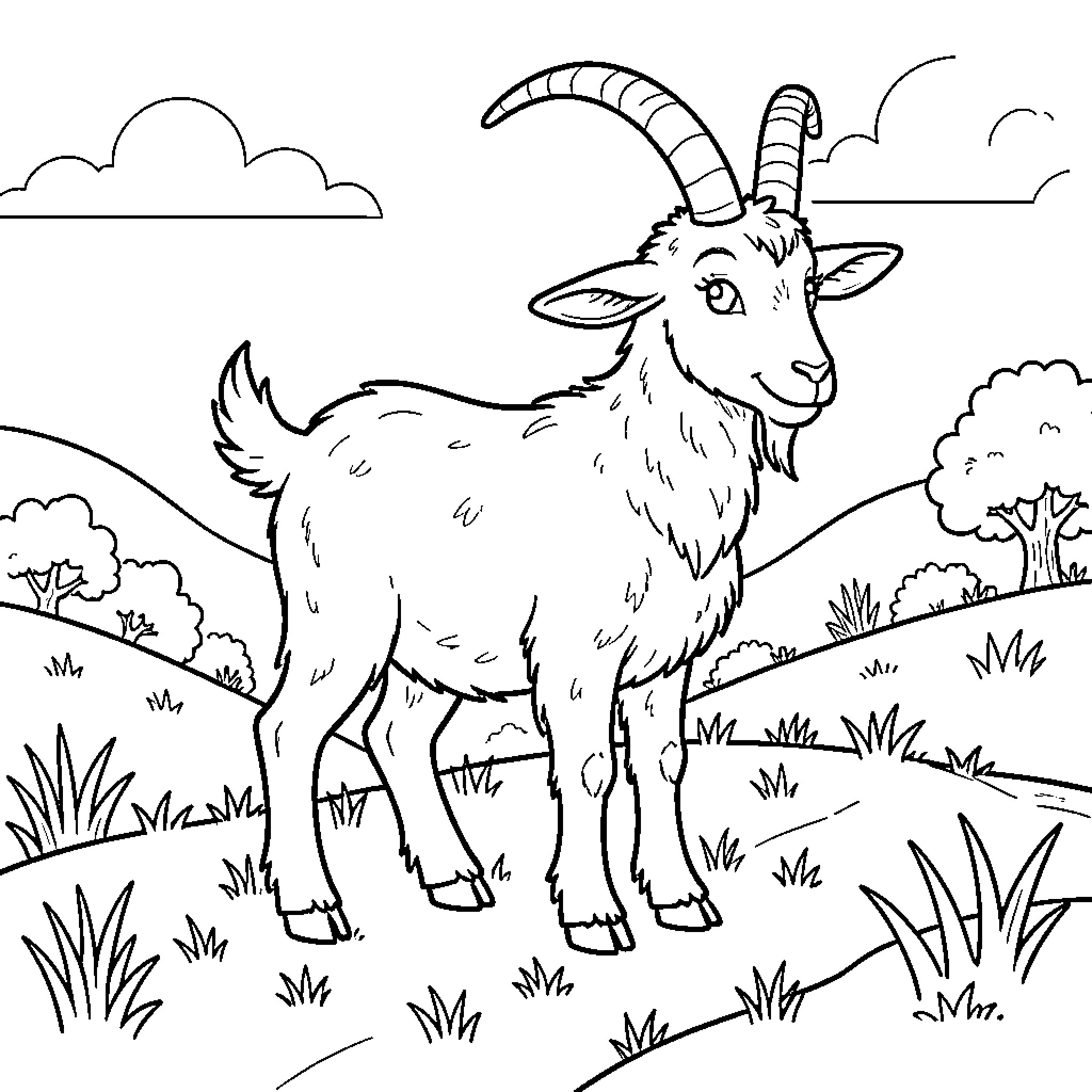 Goat standing in a grassy field Coloring Page (free black-and-white line drawing printable PDF for all, from beginners to advanced learners, including children, teens, adults, and seniors)