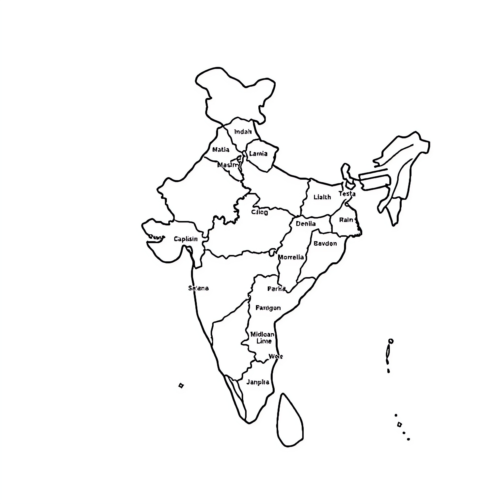 India's state boundaries outlined on a map Coloring Page (free black-and-white line drawing printable PDF for all, from beginners to advanced learners, including children, teens, adults, and seniors)