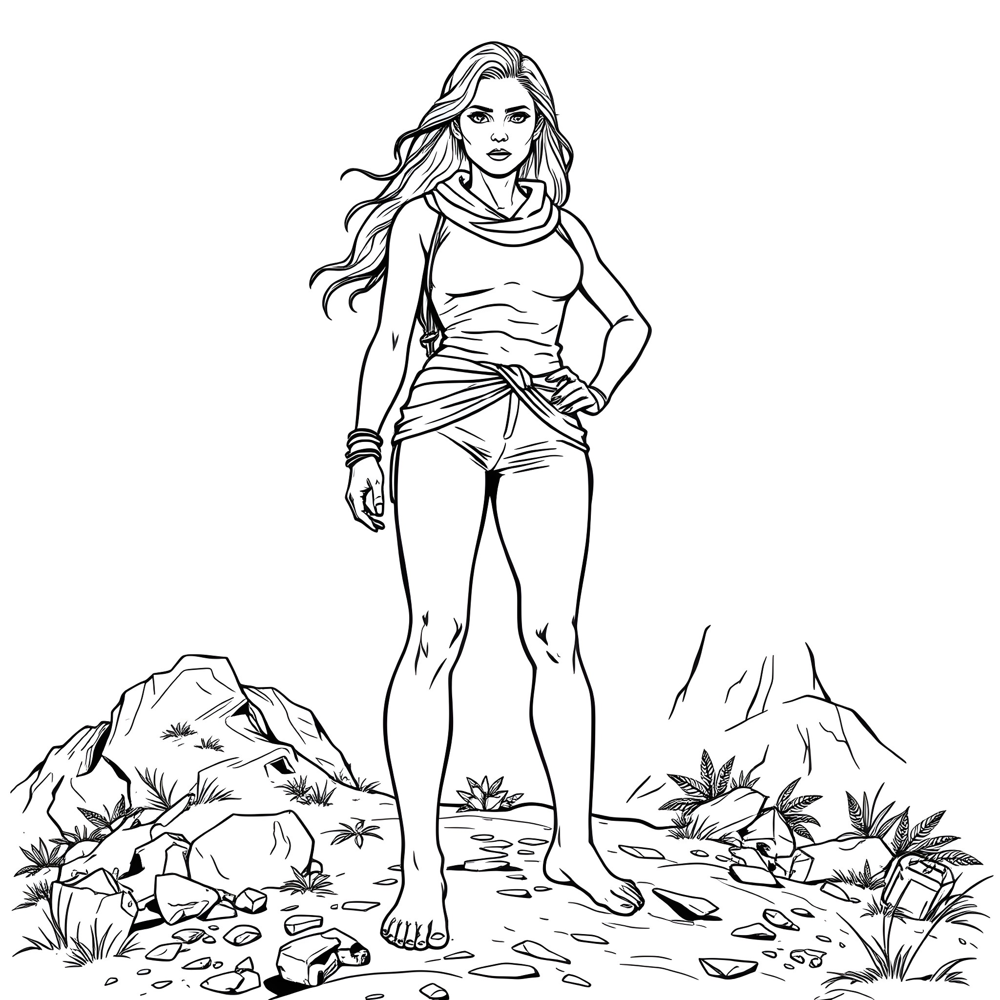 Woman standing confidently in natural landscape Coloring Page (free black-and-white line drawing printable PDF for all, from beginners to advanced learners, including children, teens, adults, and seniors)