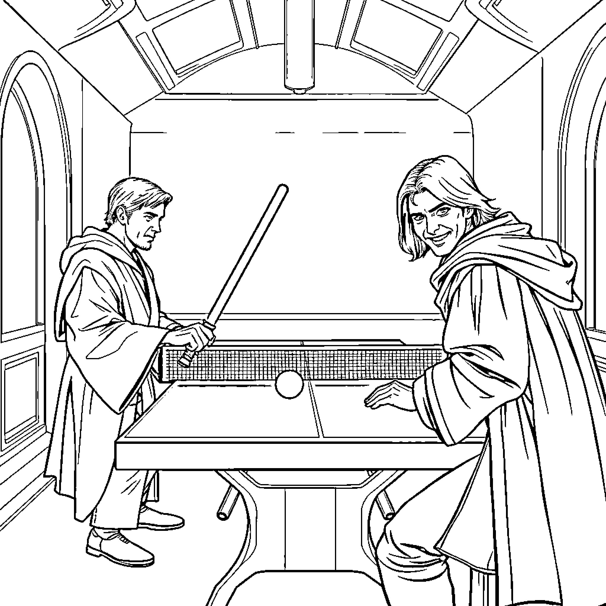 Obi-Wan and Anakin Engage in Lightsaber Training Coloring Page (free black-and-white line drawing printable PDF for all, from beginners to advanced learners, including children, teens, adults, and seniors)