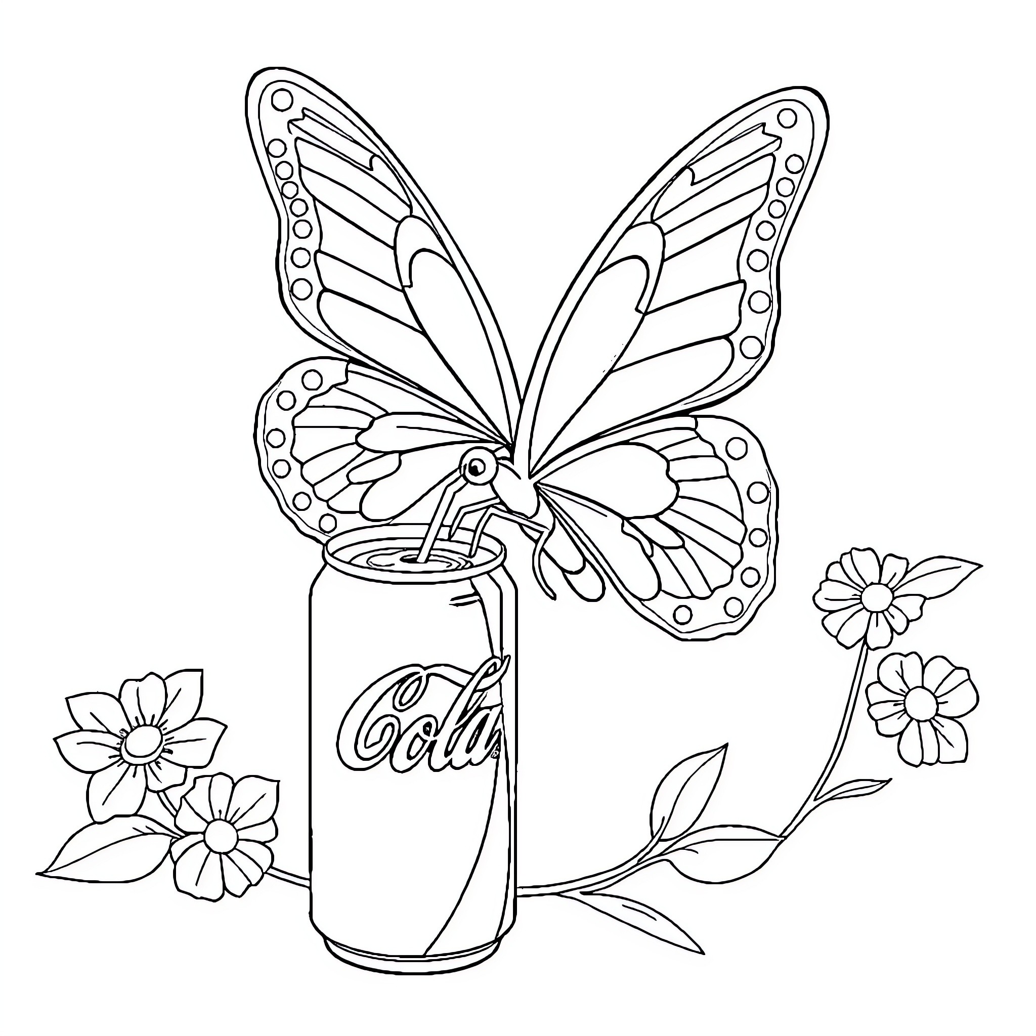 Butterfly resting on a drink can with flowers Coloring Page (free black-and-white line drawing printable PDF for all, from beginners to advanced learners, including children, teens, adults, and seniors)