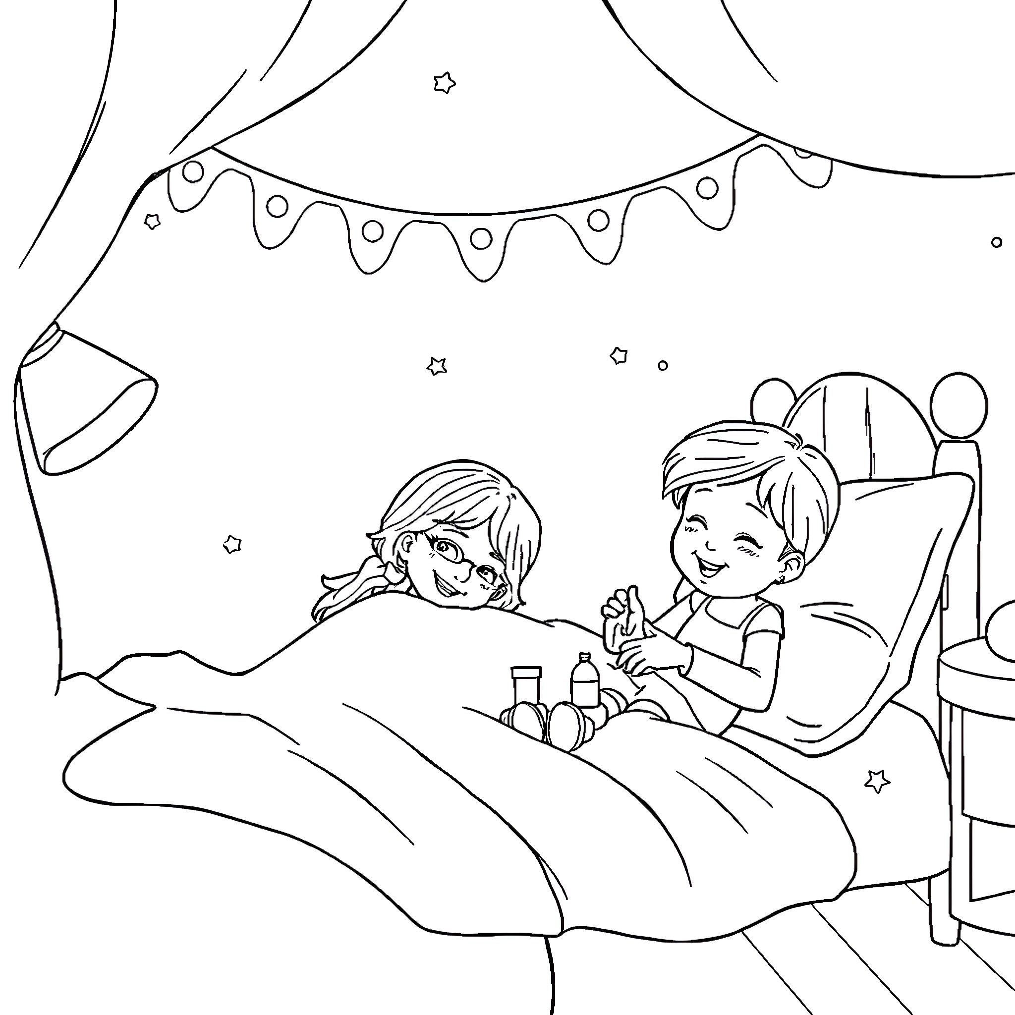Sophia's Sleepover Party Coloring Page (free black-and-white line drawing printable PDF for all, from beginners to advanced learners, including children, teens, adults, and seniors)