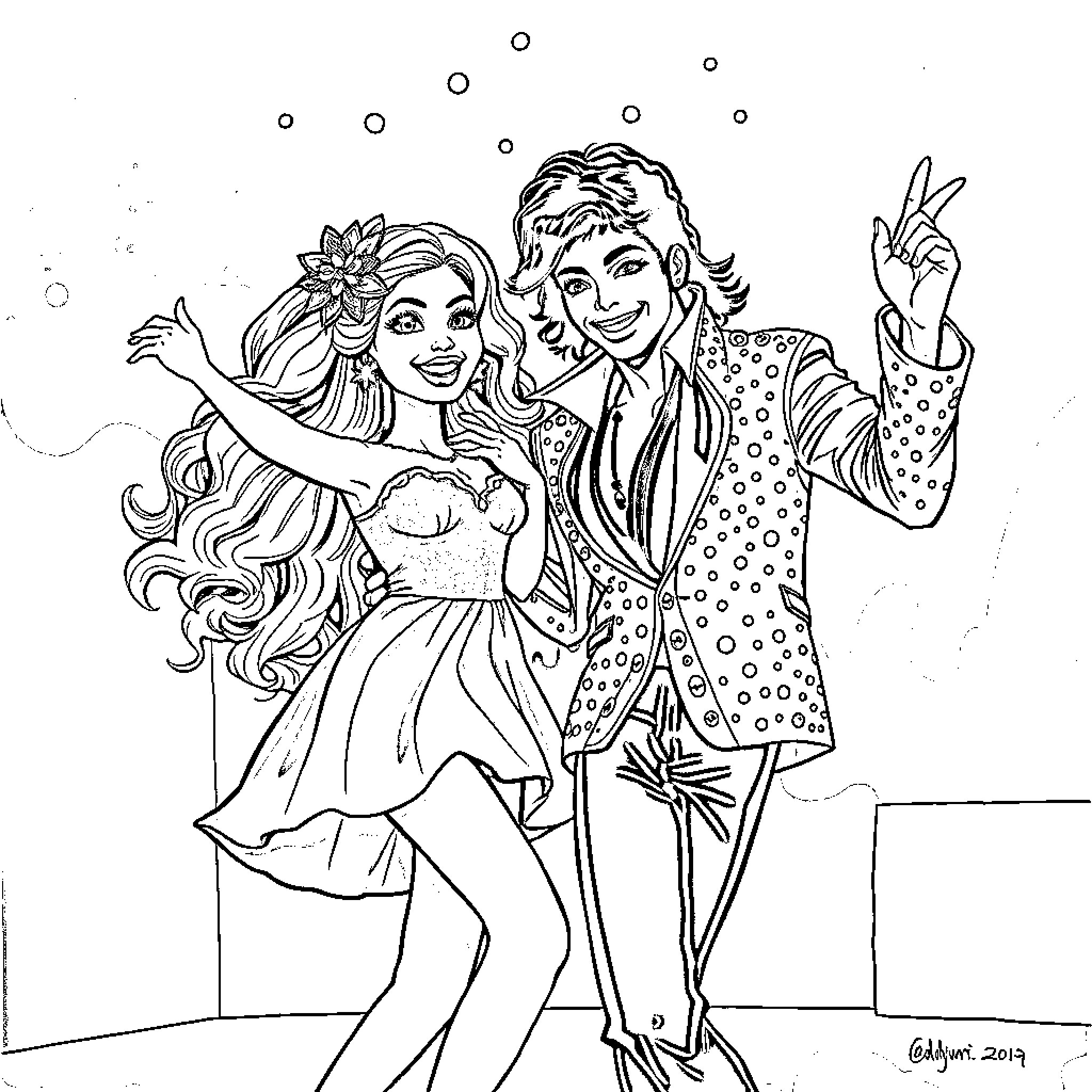 Gabby Dollhouse: Joyful Couple Embracing Coloring Page (free black-and-white line drawing printable PDF for all, from beginners to advanced learners, including children, teens, adults, and seniors)