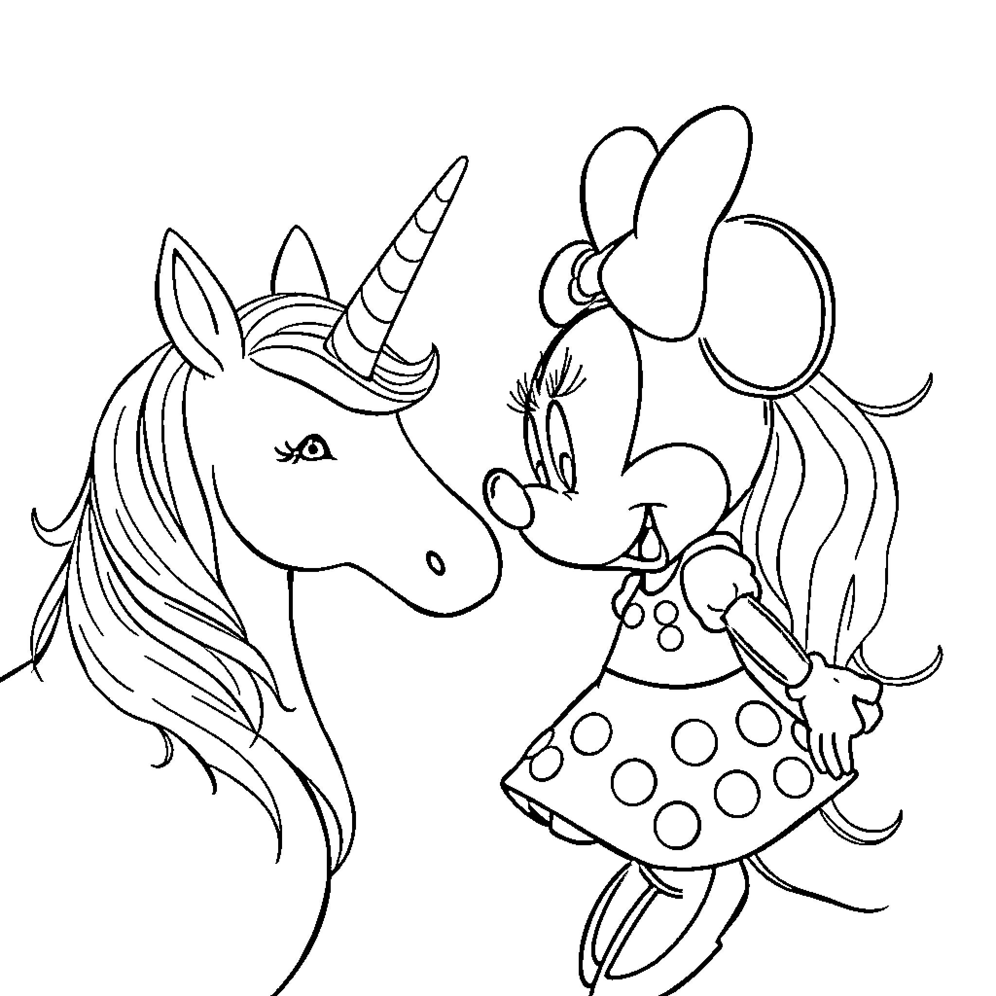 Minnie Mouse and Unicorn in Playful Embrace Coloring Page (free black-and-white line drawing printable PDF for all, from beginners to advanced learners, including children, teens, adults, and seniors)