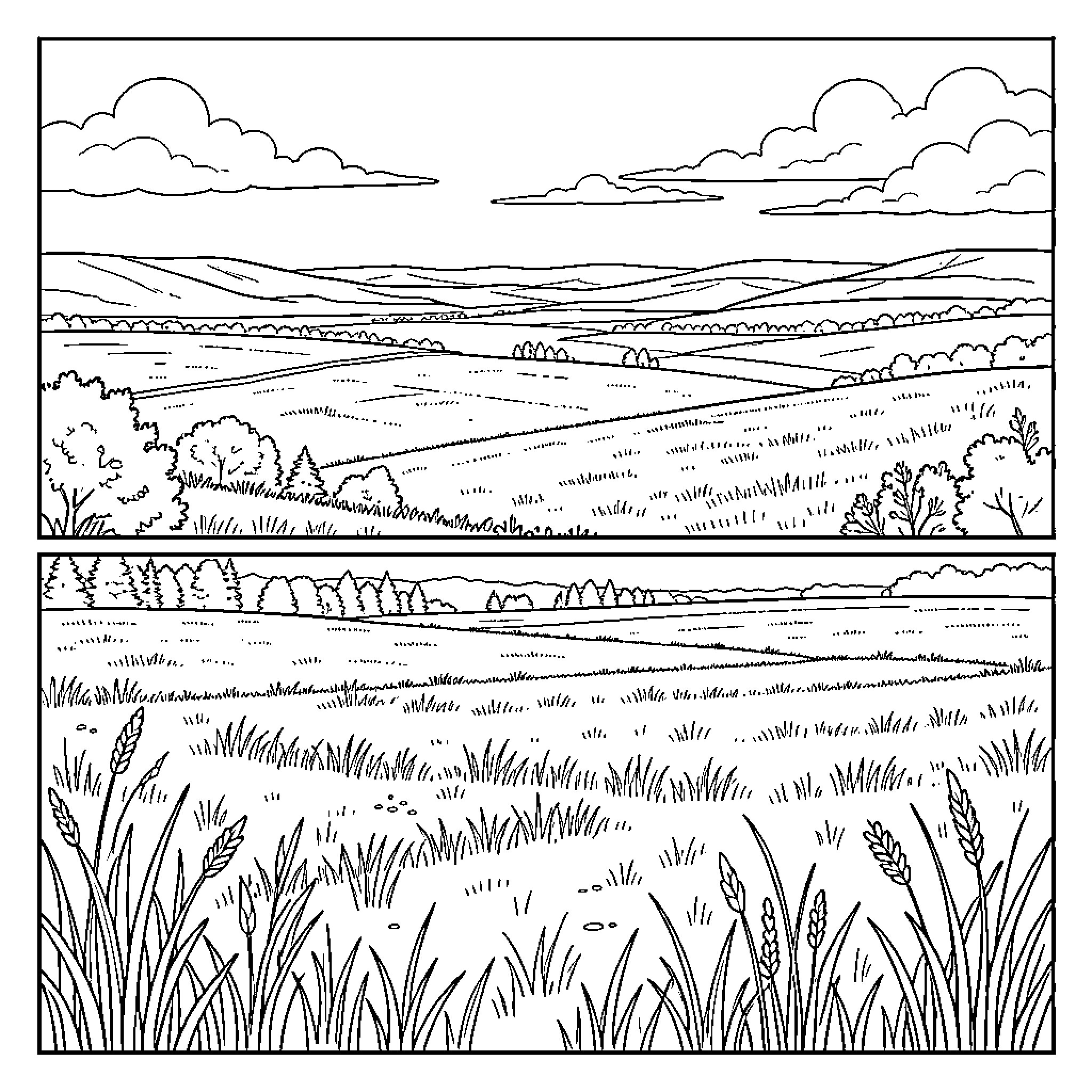 Scene of a vast landscape with fields and trees Coloring Page (free black-and-white line drawing printable PDF for all, from beginners to advanced learners, including children, teens, adults, and seniors)