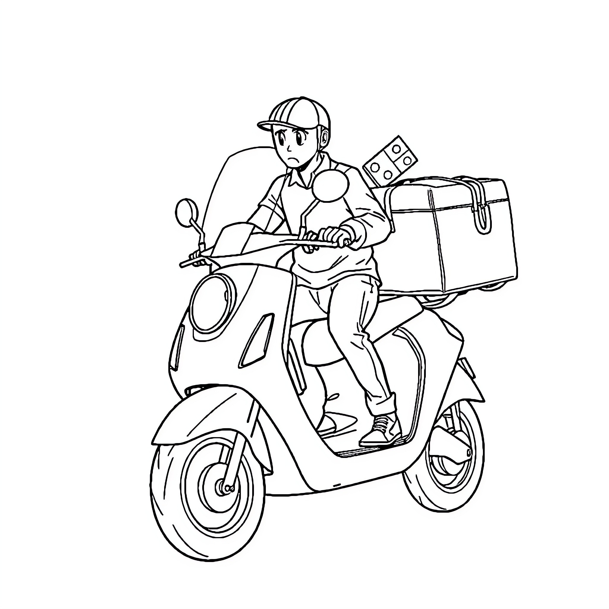 Domino's Driver Delivering Food on Scooter Coloring Page (free black-and-white line drawing printable PDF for all, from beginners to advanced learners, including children, teens, adults, and seniors)