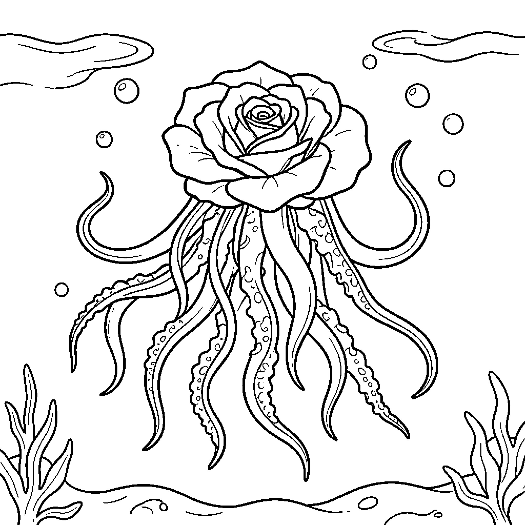 Medusa's Enchanting Rose Coloring Page (free black-and-white line drawing printable PDF for all, from beginners to advanced learners, including children, teens, adults, and seniors)