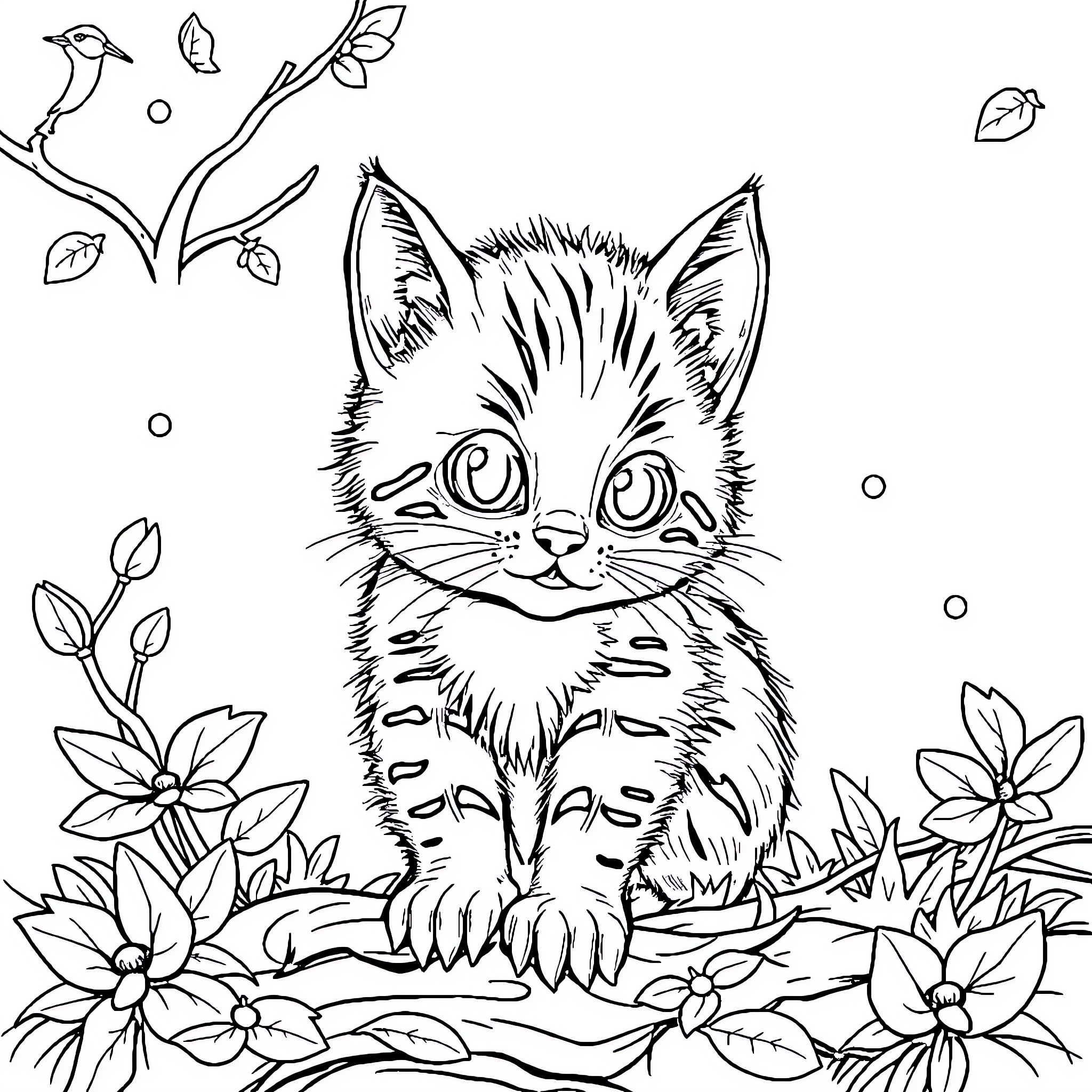 Cat in a floral field Coloring Page (free black-and-white line drawing printable PDF for all, from beginners to advanced learners, including children, teens, adults, and seniors)