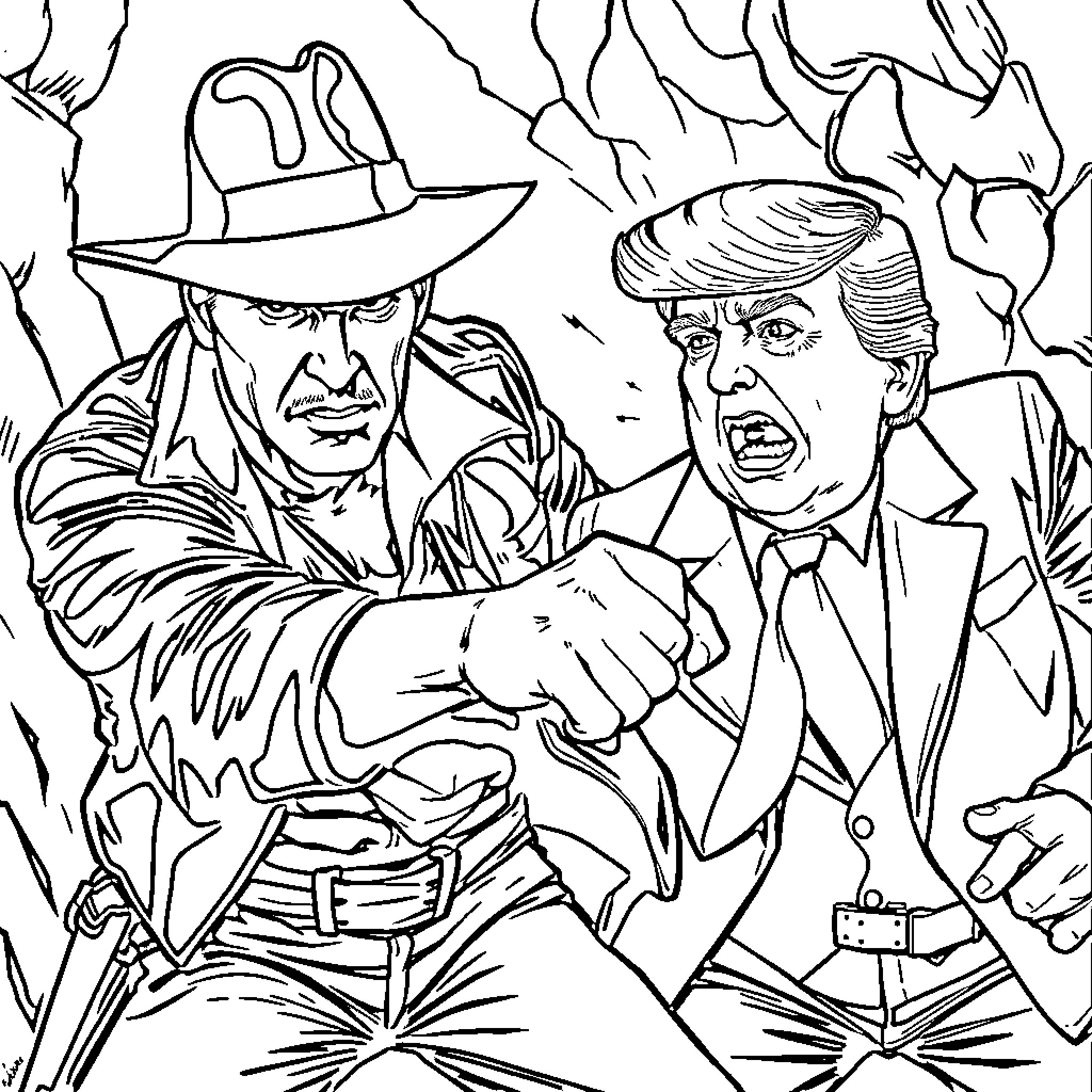 Donald Trump in a heated confrontation with Indiana Jones Coloring Page (free black-and-white line drawing printable PDF for all, from beginners to advanced learners, including children, teens, adults, and seniors)