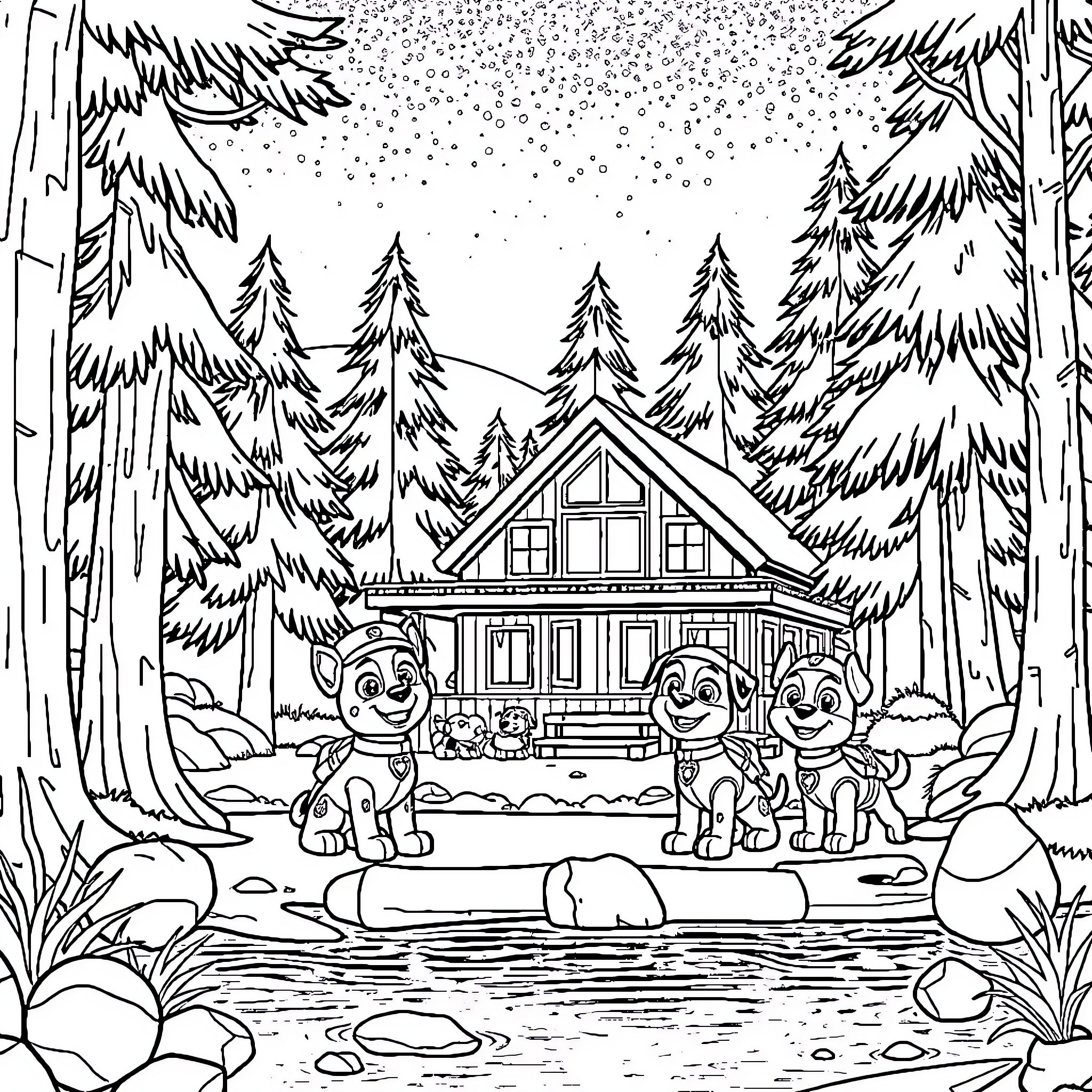 Paw Patrol team exploring the snowy winter cabin Coloring Page (free black-and-white line drawing printable PDF for all, from beginners to advanced learners, including children, teens, adults, and seniors)