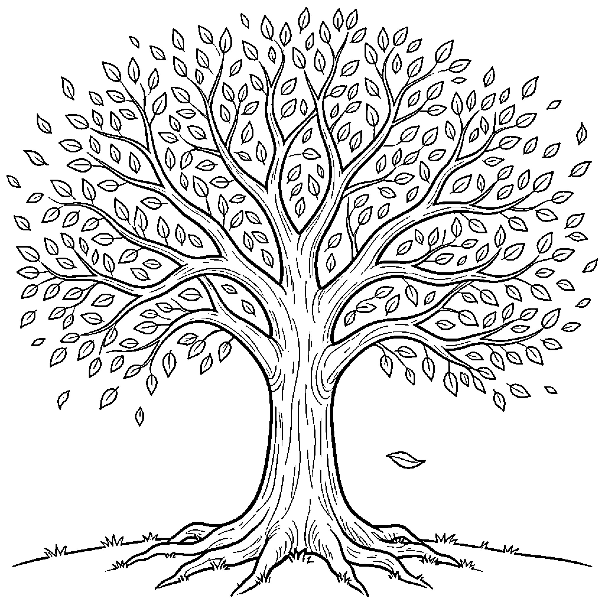 Tree standing tall with leaves blowing in the wind Coloring Page (free black-and-white line drawing printable PDF for all, from beginners to advanced learners, including children, teens, adults, and seniors)