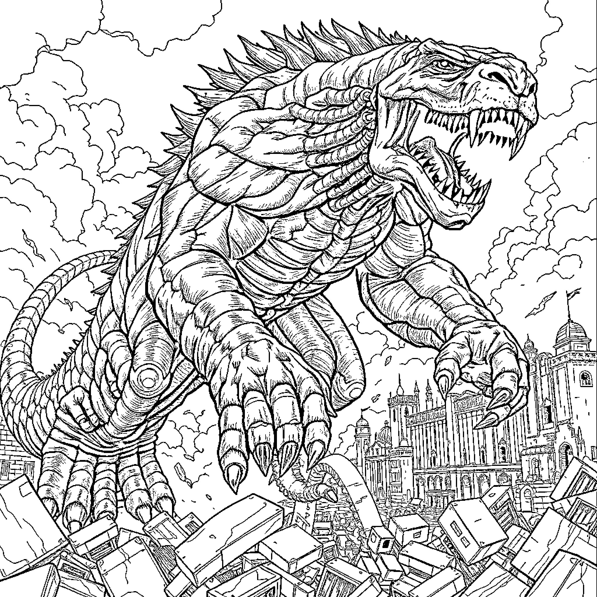 Titan monster rampaging through the city Coloring Page (free black-and-white line drawing printable PDF for all, from beginners to advanced learners, including children, teens, adults, and seniors)