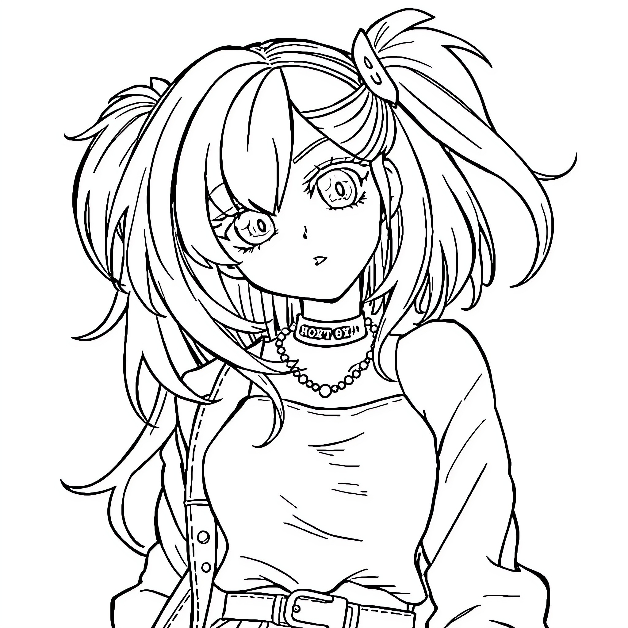 Anime Girl with Expressive Features and Stylized Outfit Coloring Page (free black-and-white line drawing printable PDF for all, from beginners to advanced learners, including children, teens, adults, and seniors)