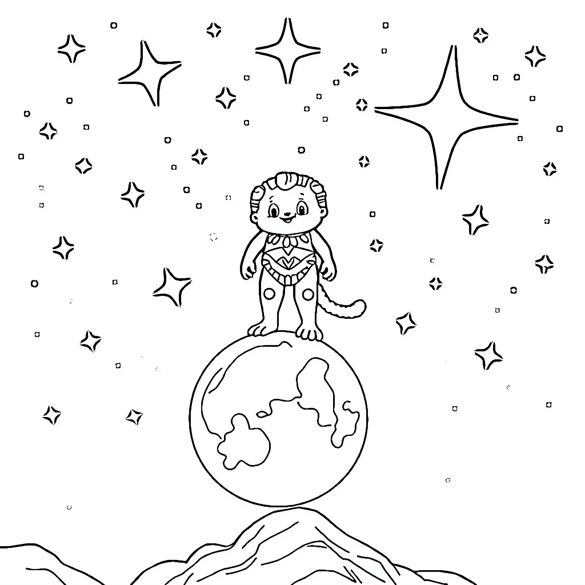 Labubu exploring the wondrous cosmic world Coloring Page (free black-and-white line drawing printable PDF for all, from beginners to advanced learners, including children, teens, adults, and seniors)