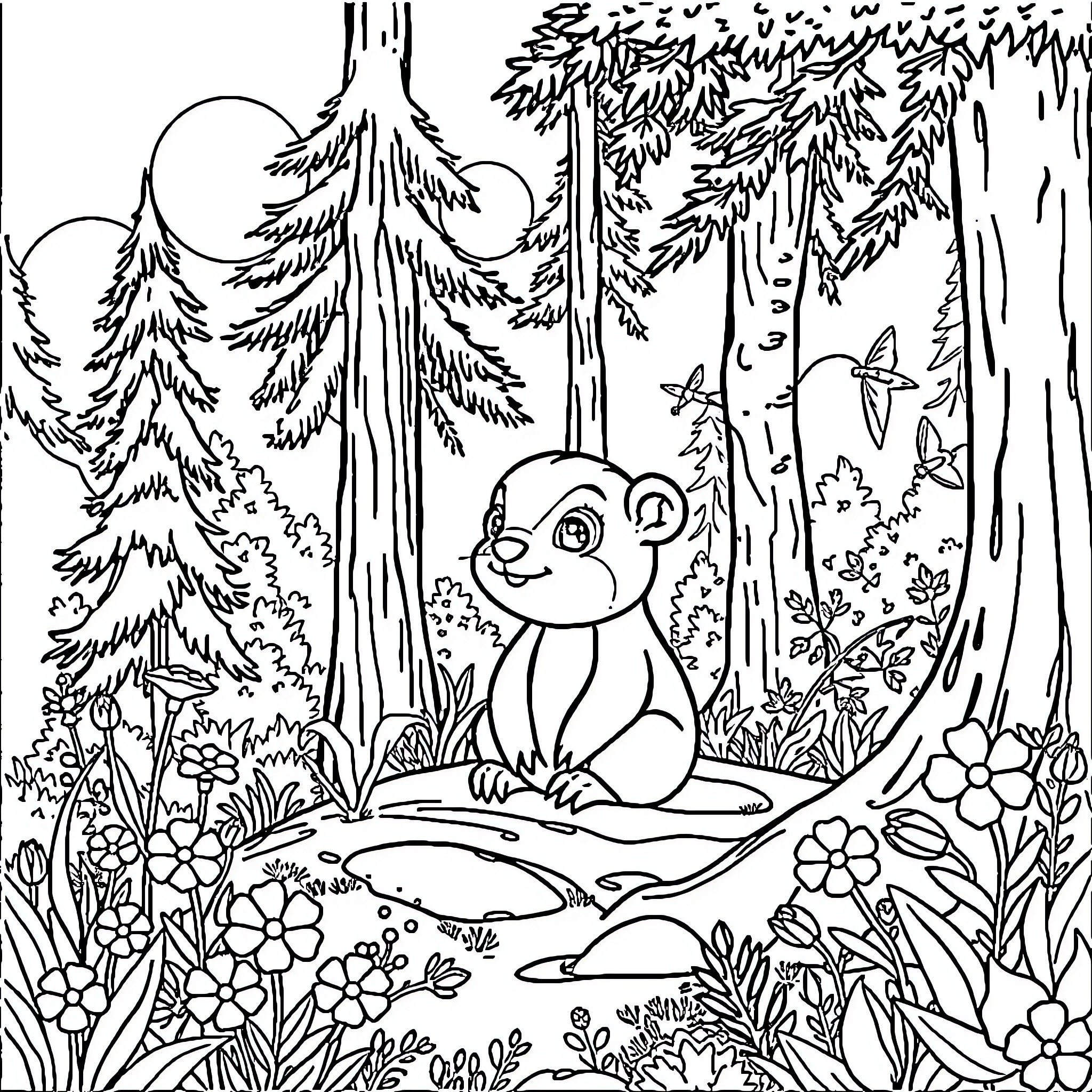 Labubu explores the whimsical forest landscape Coloring Page (free black-and-white line drawing printable PDF for all, from beginners to advanced learners, including children, teens, adults, and seniors)