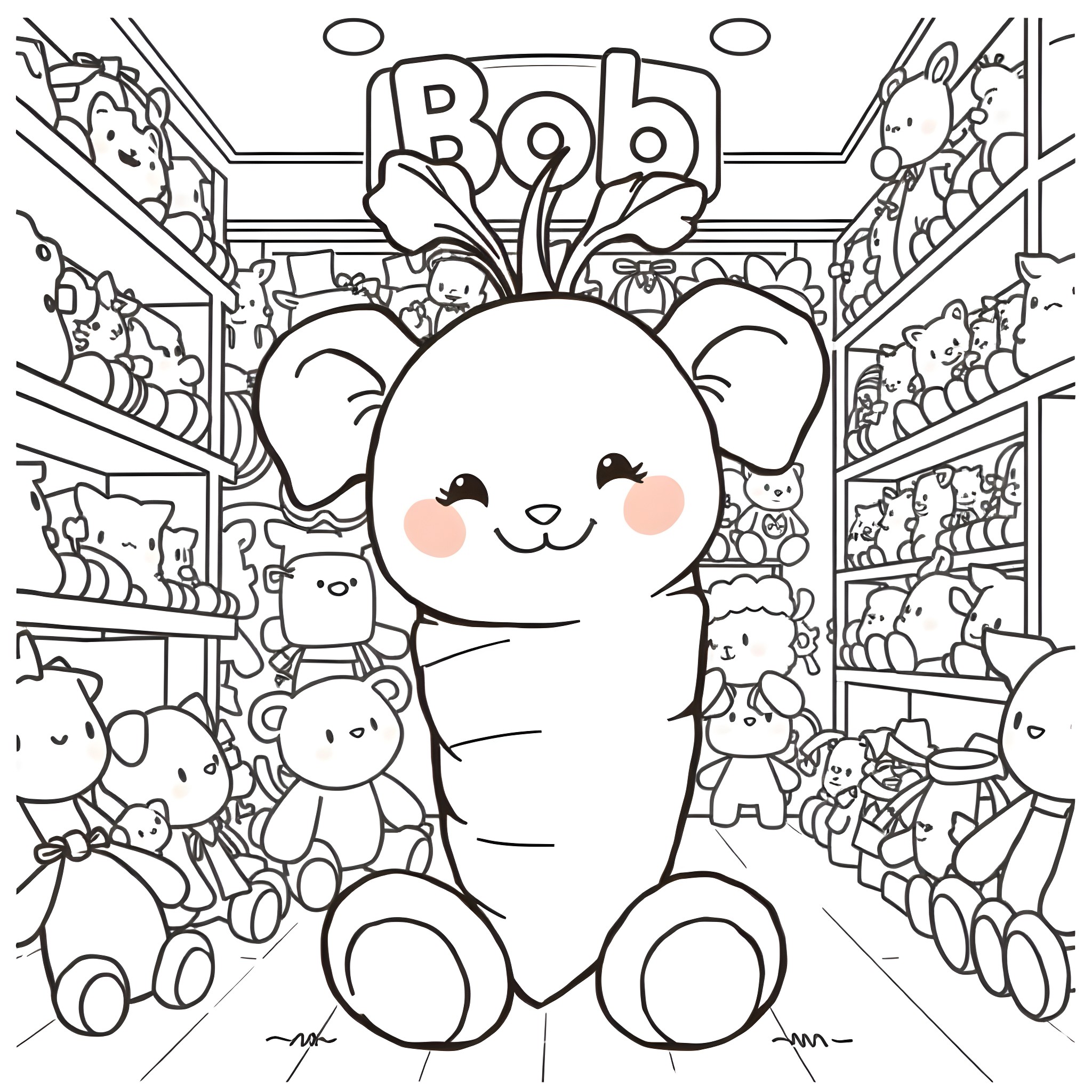 Carrot-shaped plush toy surrounded by cute animal toys Coloring Page (free black-and-white line drawing printable PDF for all, from beginners to advanced learners, including children, teens, adults, and seniors)