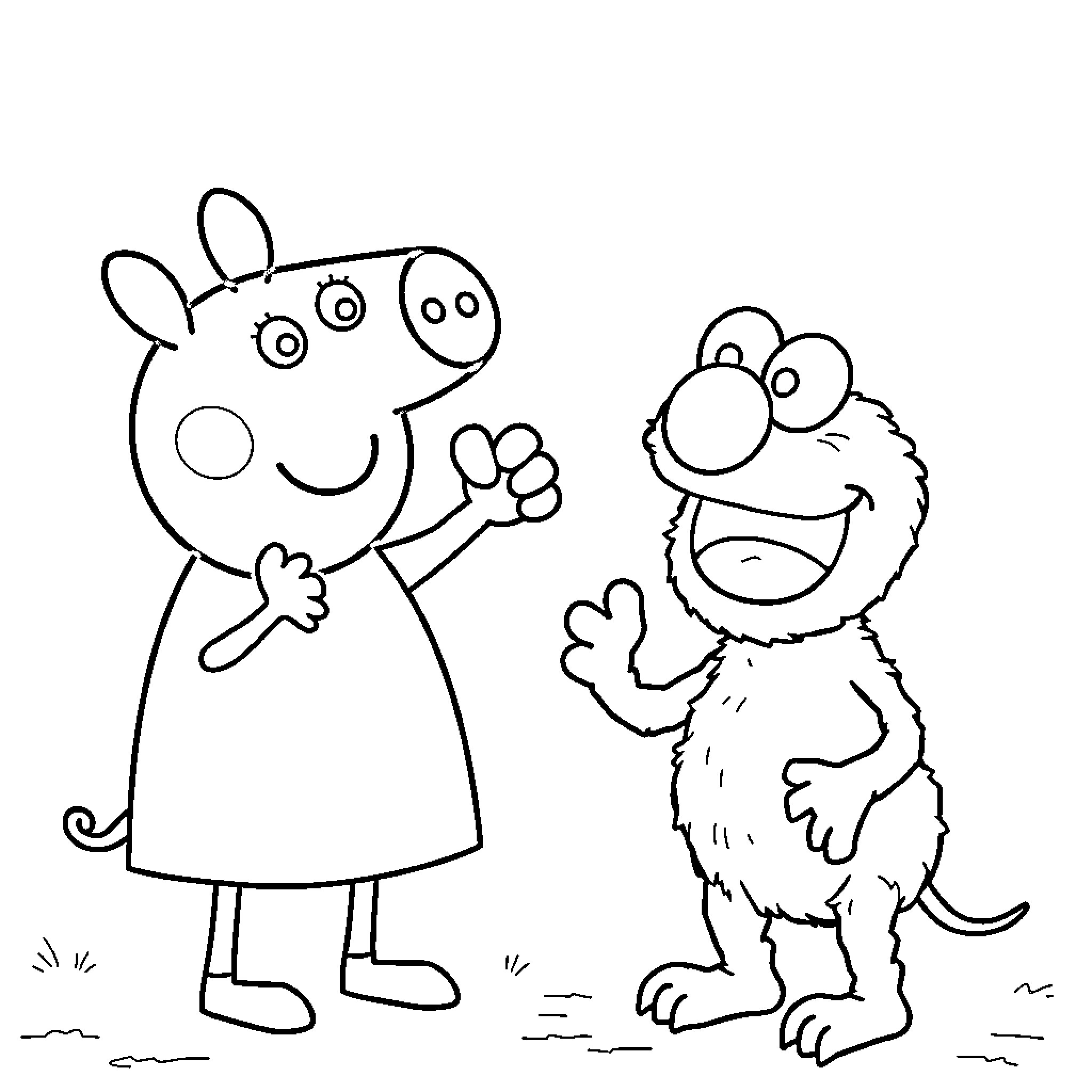 Peppa Pig playing with a furry friend Coloring Page (free black-and-white line drawing printable PDF for all, from beginners to advanced learners, including children, teens, adults, and seniors)