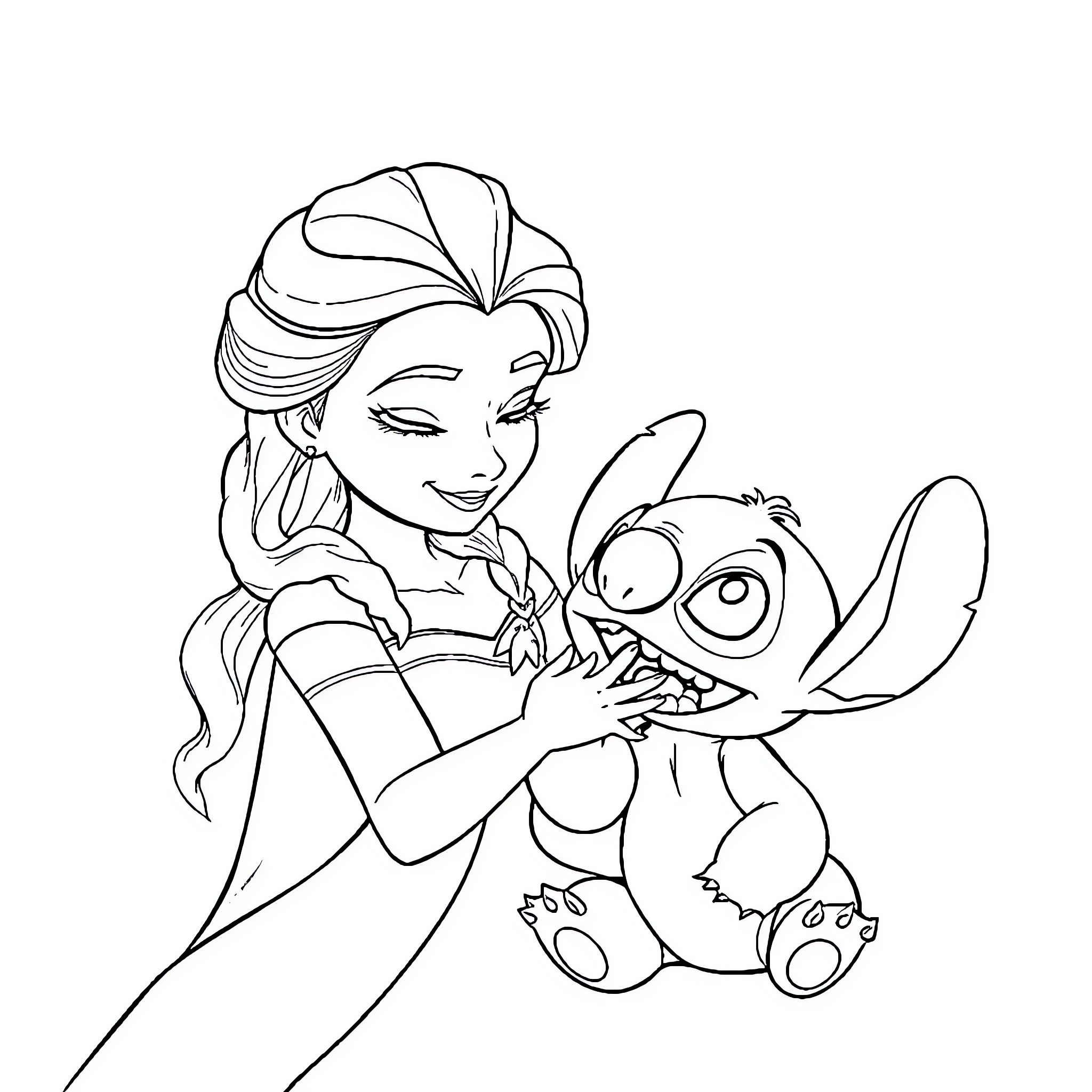 Elsa embracing a cheerful Stitch character Coloring Page (free black-and-white line drawing printable PDF for all, from beginners to advanced learners, including children, teens, adults, and seniors)