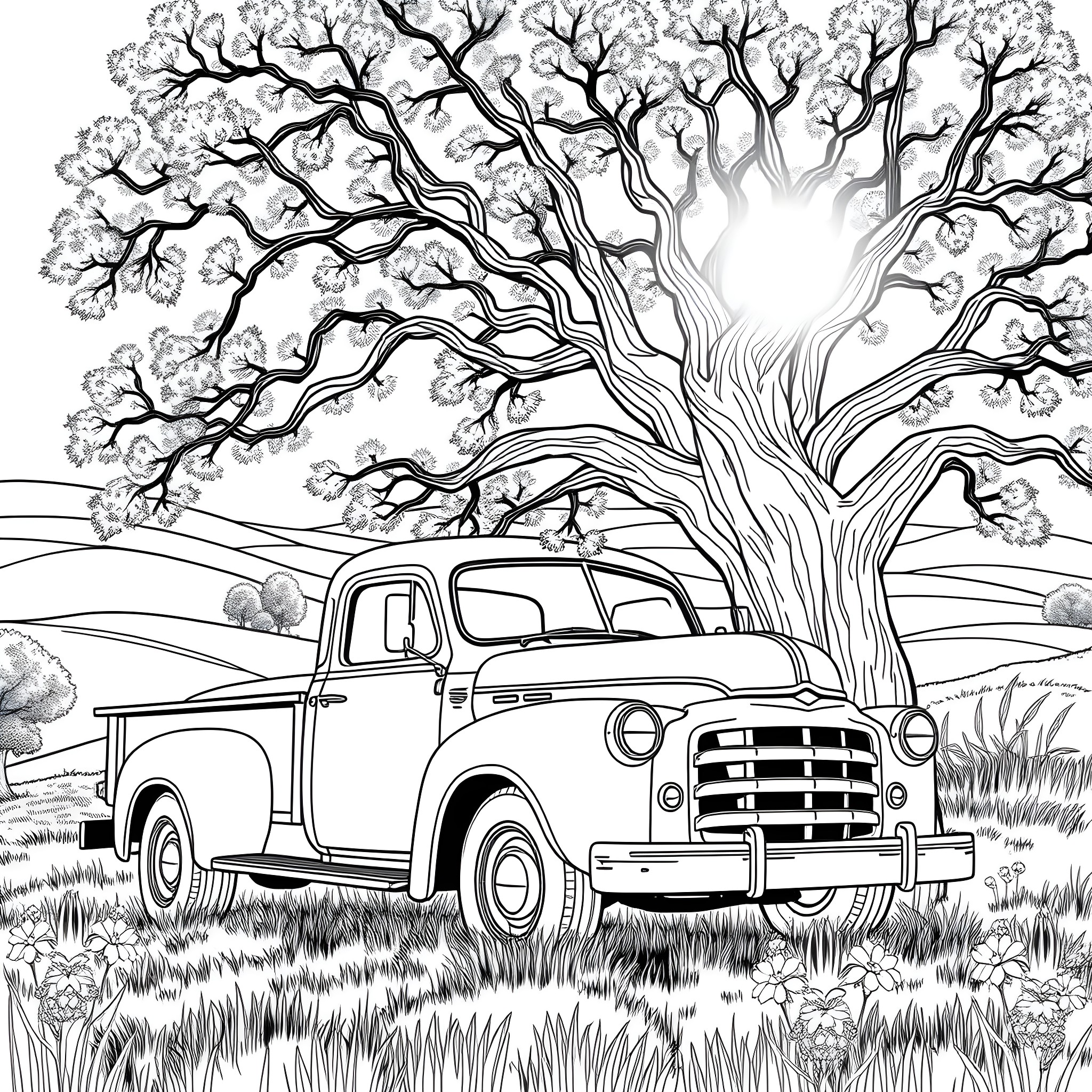 Truck parked under the shade of a large tree Coloring Page (free black-and-white line drawing printable PDF for all, from beginners to advanced learners, including children, teens, adults, and seniors)