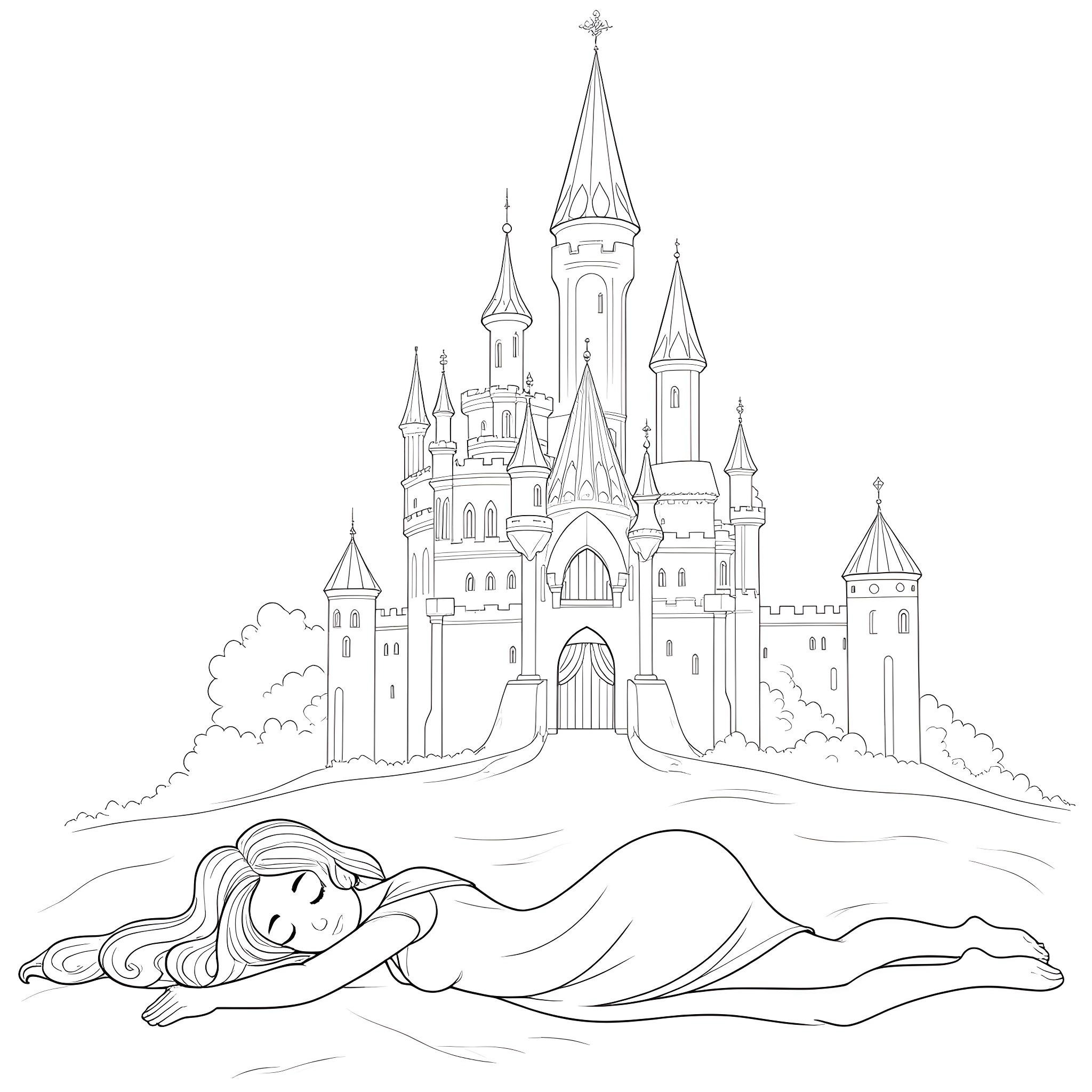Sleeping Beauty in a Fairy Tale Castle Coloring Page (free black-and-white line drawing printable PDF for all, from beginners to advanced learners, including children, teens, adults, and seniors)