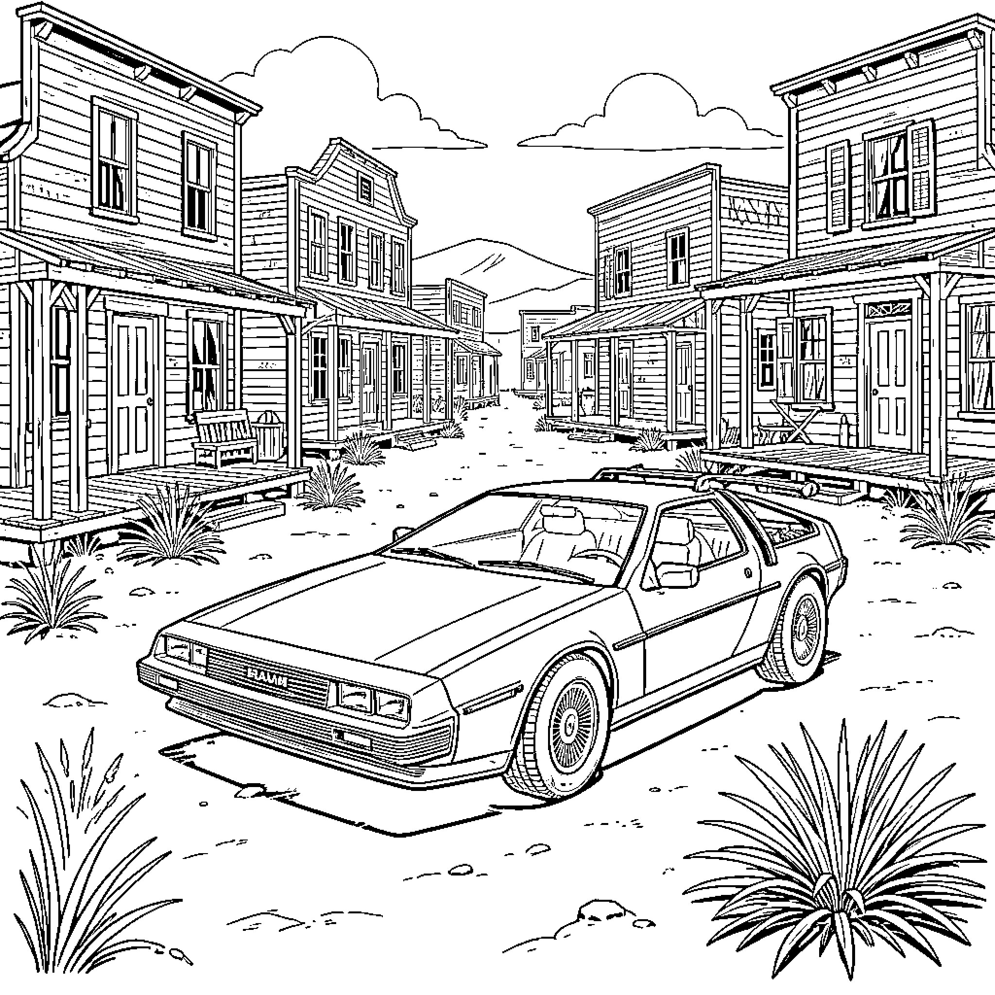DeLorean parked on a dusty street in a western town Coloring Page (free black-and-white line drawing printable PDF for all, from beginners to advanced learners, including children, teens, adults, and seniors)
