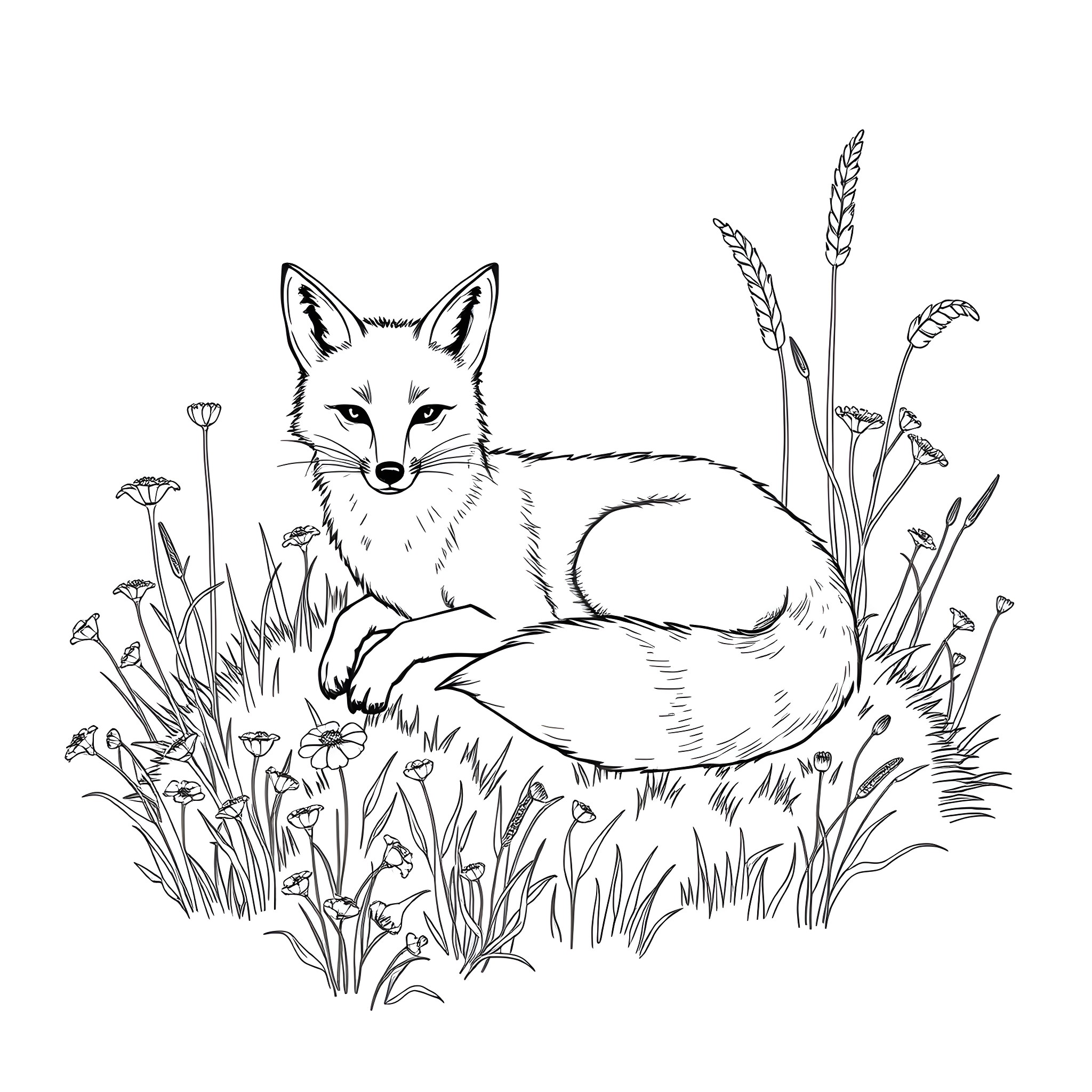 Fox resting peacefully in a natural setting Coloring Page (free black-and-white line drawing printable PDF for all, from beginners to advanced learners, including children, teens, adults, and seniors)