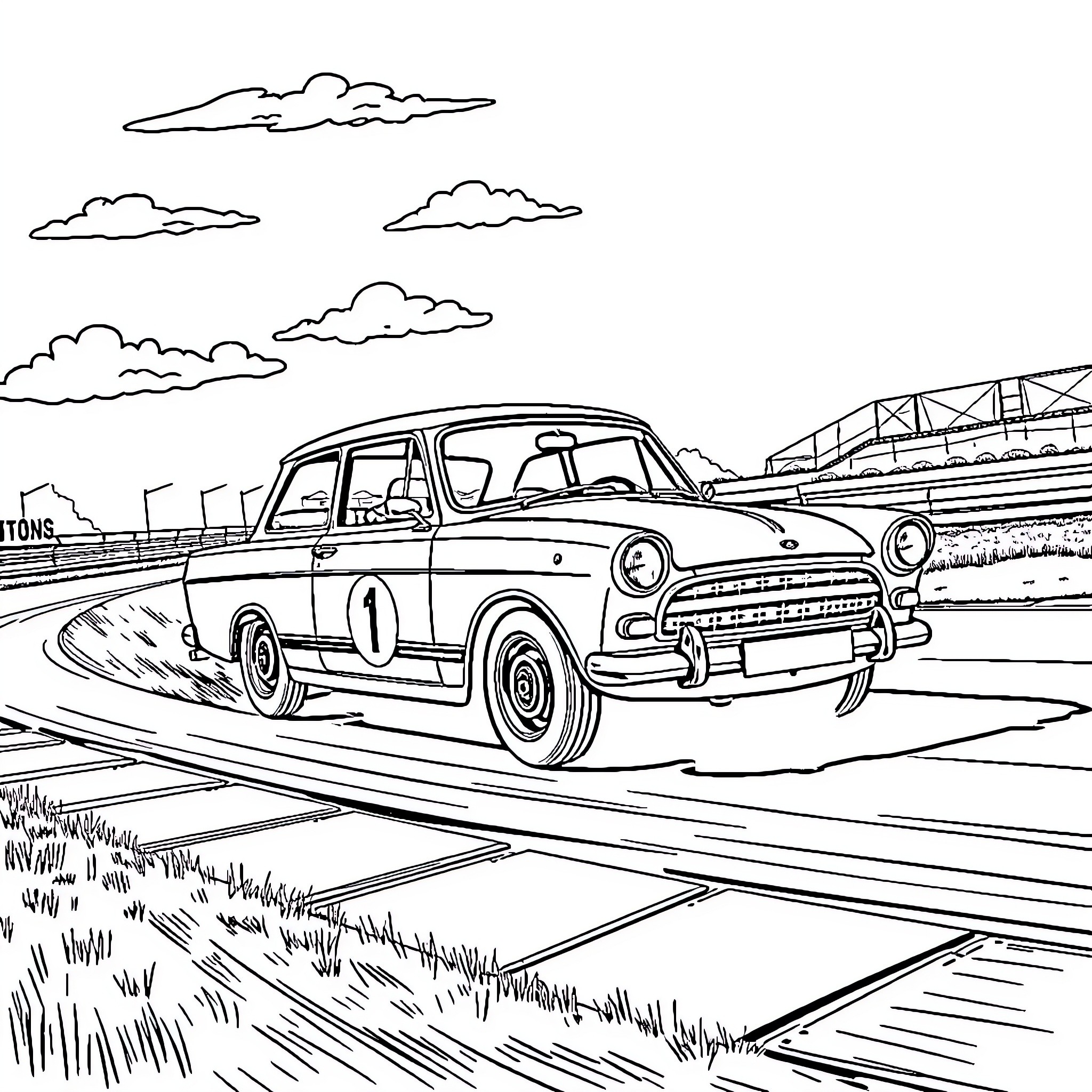 Ford Anglia speeding through the countryside Coloring Page (free black-and-white line drawing printable PDF for all, from beginners to advanced learners, including children, teens, adults, and seniors)