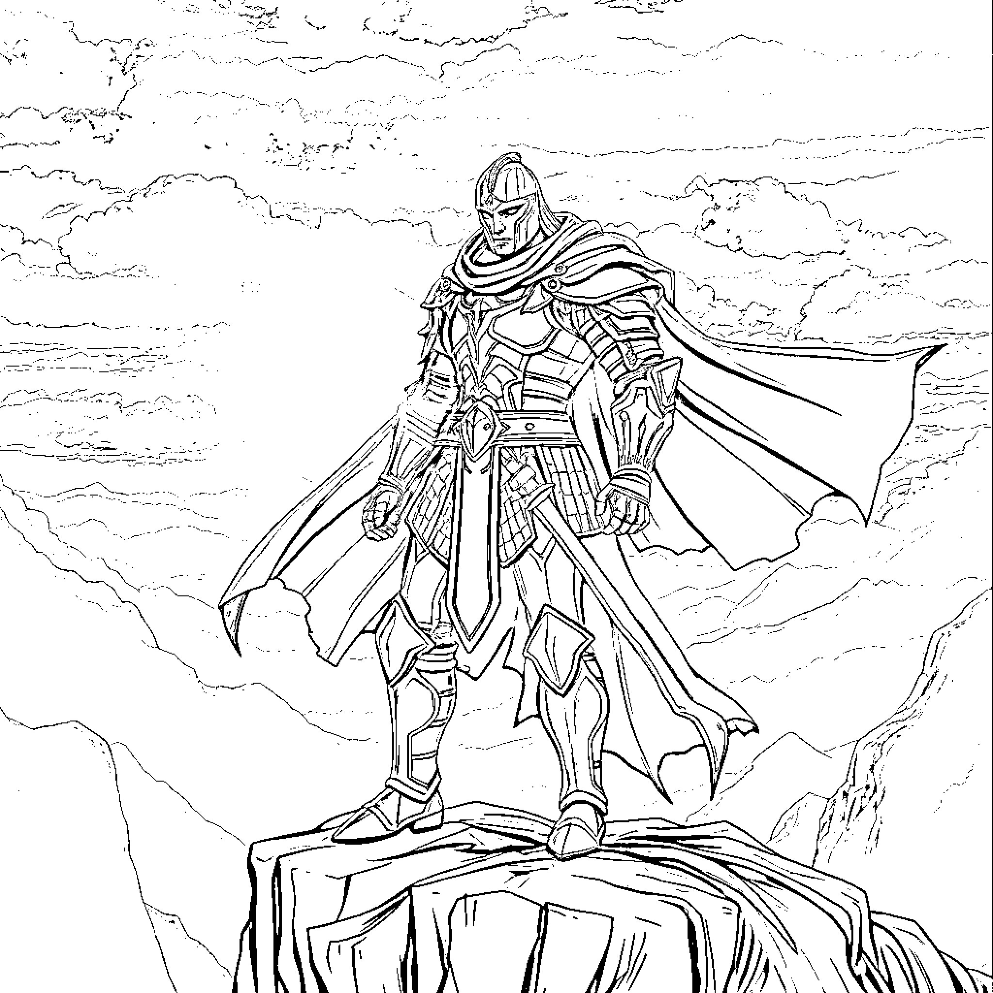 Warrior stands resolute on a cliff's edge Coloring Page (free black-and-white line drawing printable PDF for all, from beginners to advanced learners, including children, teens, adults, and seniors)