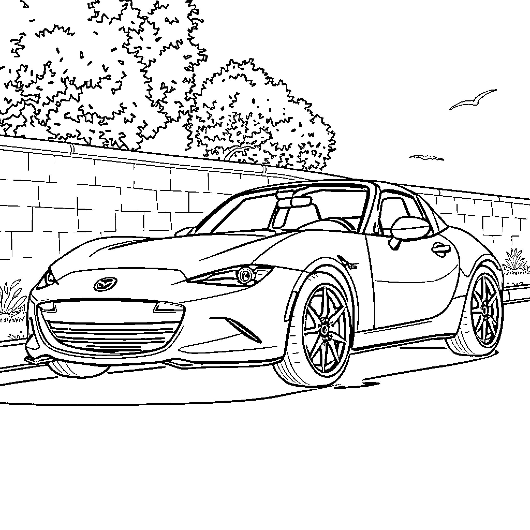 Mazda MX5 sports car on the road Coloring Page (free black-and-white line drawing printable PDF for all, from beginners to advanced learners, including children, teens, adults, and seniors)