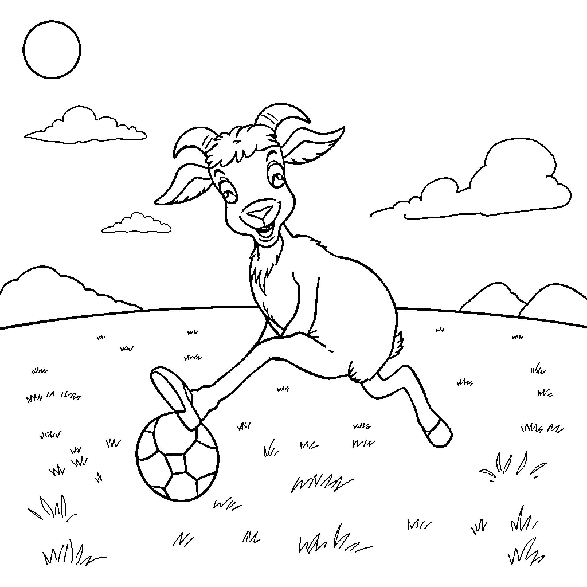 Goat happily playing with a soccer ball in the field Coloring Page (free black-and-white line drawing printable PDF for all, from beginners to advanced learners, including children, teens, adults, and seniors)