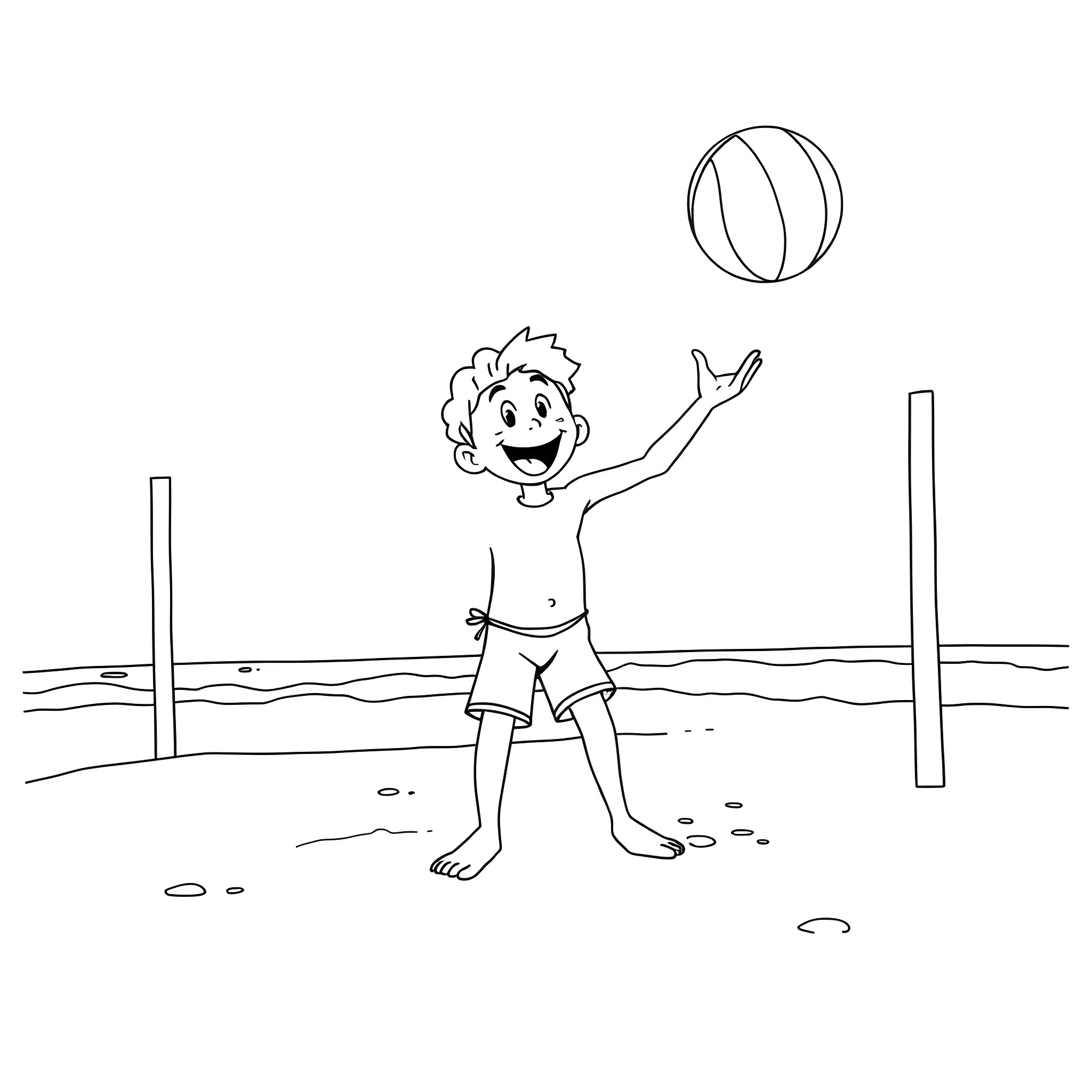 Person playing happily with a beach ball Coloring Page (free black-and-white line drawing printable PDF for all, from beginners to advanced learners, including children, teens, adults, and seniors)