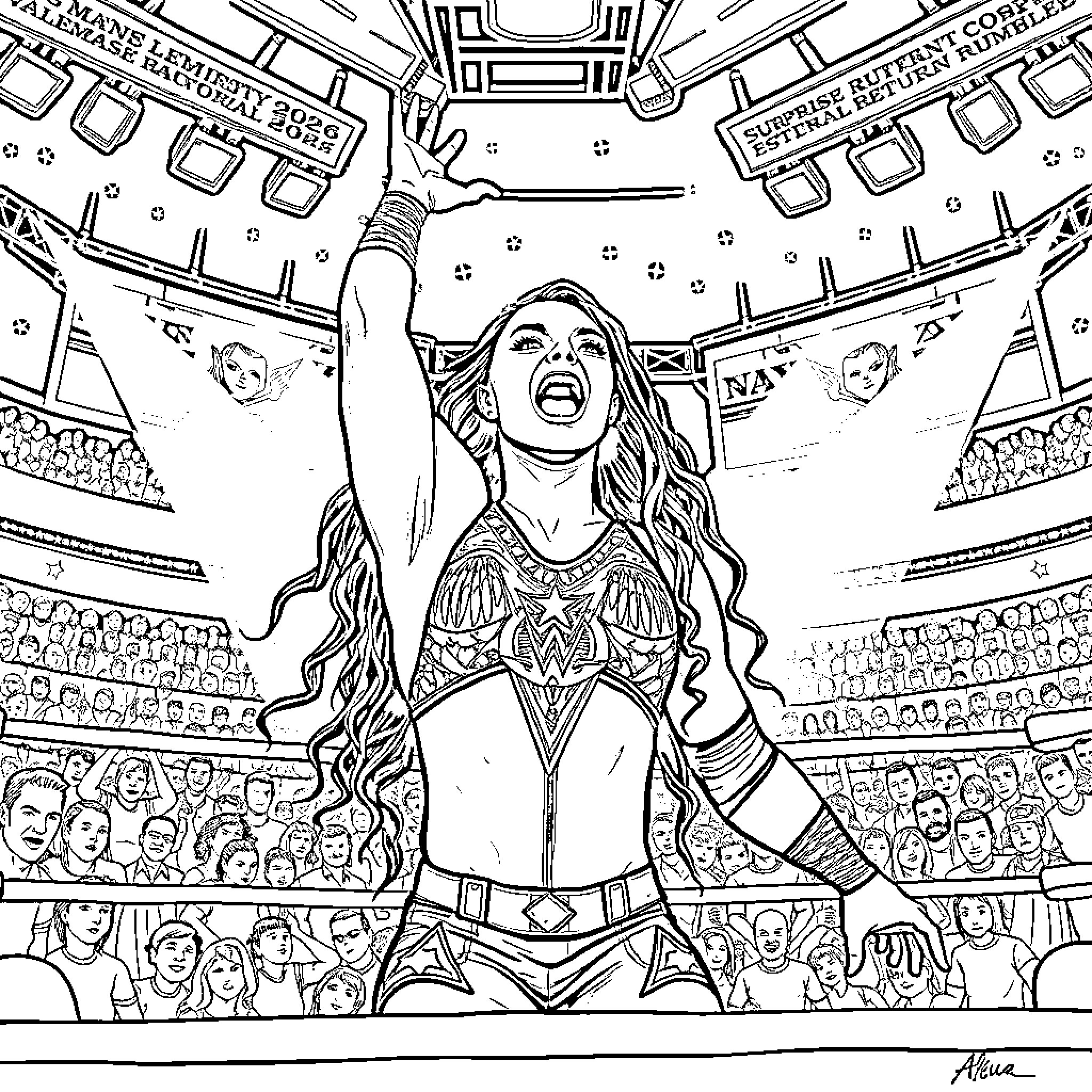 Liv Morgan performing in the wrestling ring Coloring Page (free black-and-white line drawing printable PDF for all, from beginners to advanced learners, including children, teens, adults, and seniors)