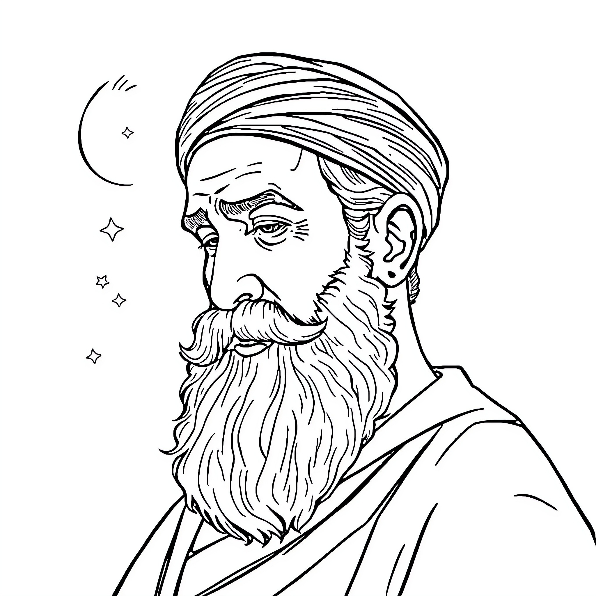 Rumi, the Wise and Contemplative Philosopher Coloring Page (free black-and-white line drawing printable PDF for all, from beginners to advanced learners, including children, teens, adults, and seniors)