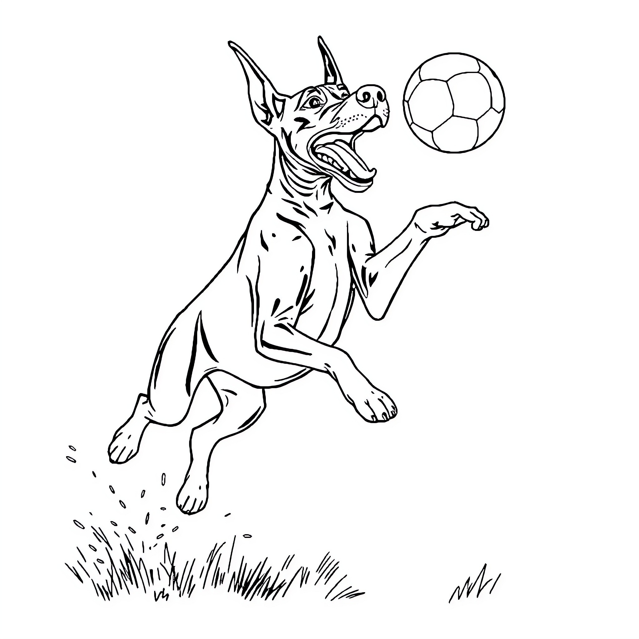 Doberman playing with soccer ball in the park Coloring Page (free black-and-white line drawing printable PDF for all, from beginners to advanced learners, including children, teens, adults, and seniors)