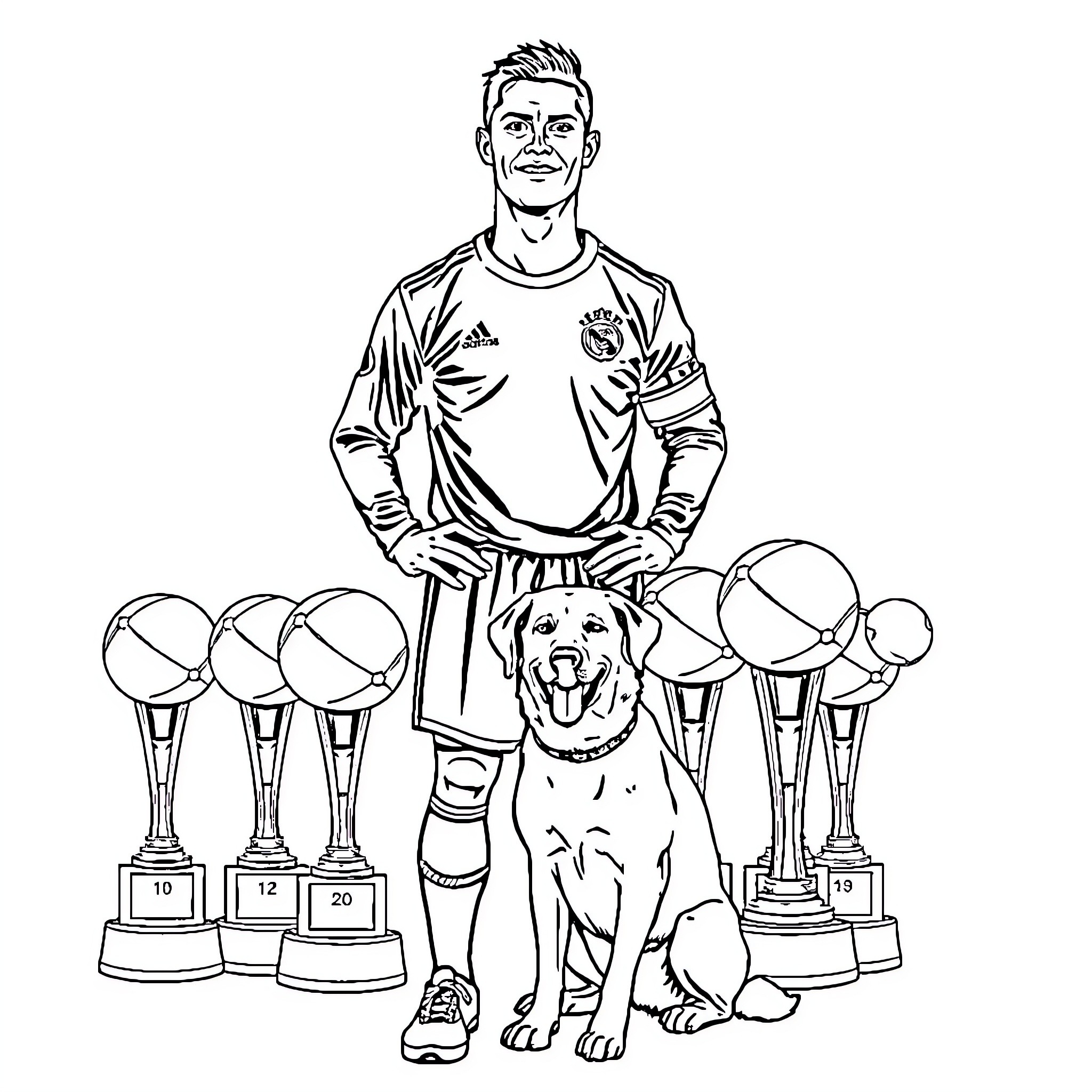 Cristiano Ronaldo with his sports trophies and pet dog Coloring Page (free black-and-white line drawing printable PDF for all, from beginners to advanced learners, including children, teens, adults, and seniors)