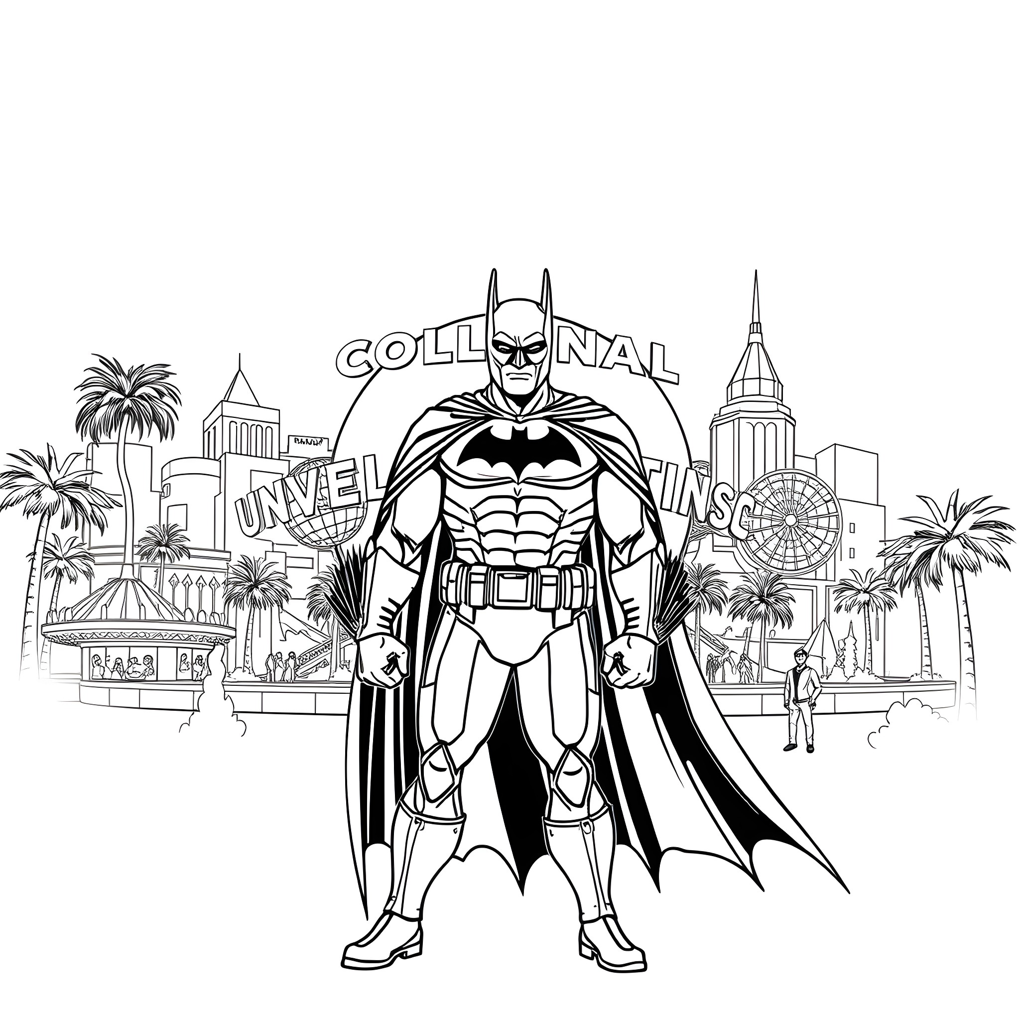 Batman in a Gotham City urban landscape Coloring Page (free black-and-white line drawing printable PDF for all, from beginners to advanced learners, including children, teens, adults, and seniors)