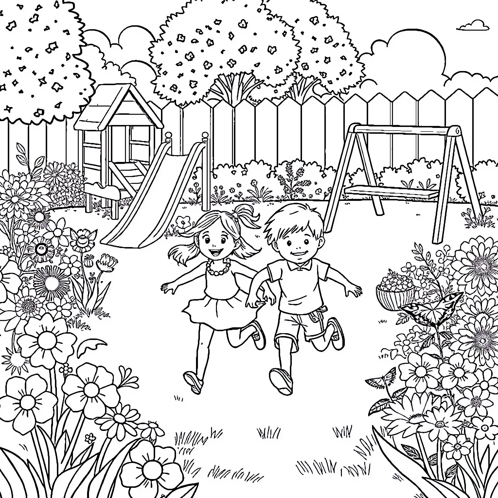 Child playing joyfully in the garden Coloring Page (free black-and-white line drawing printable PDF for all, from beginners to advanced learners, including children, teens, adults, and seniors)