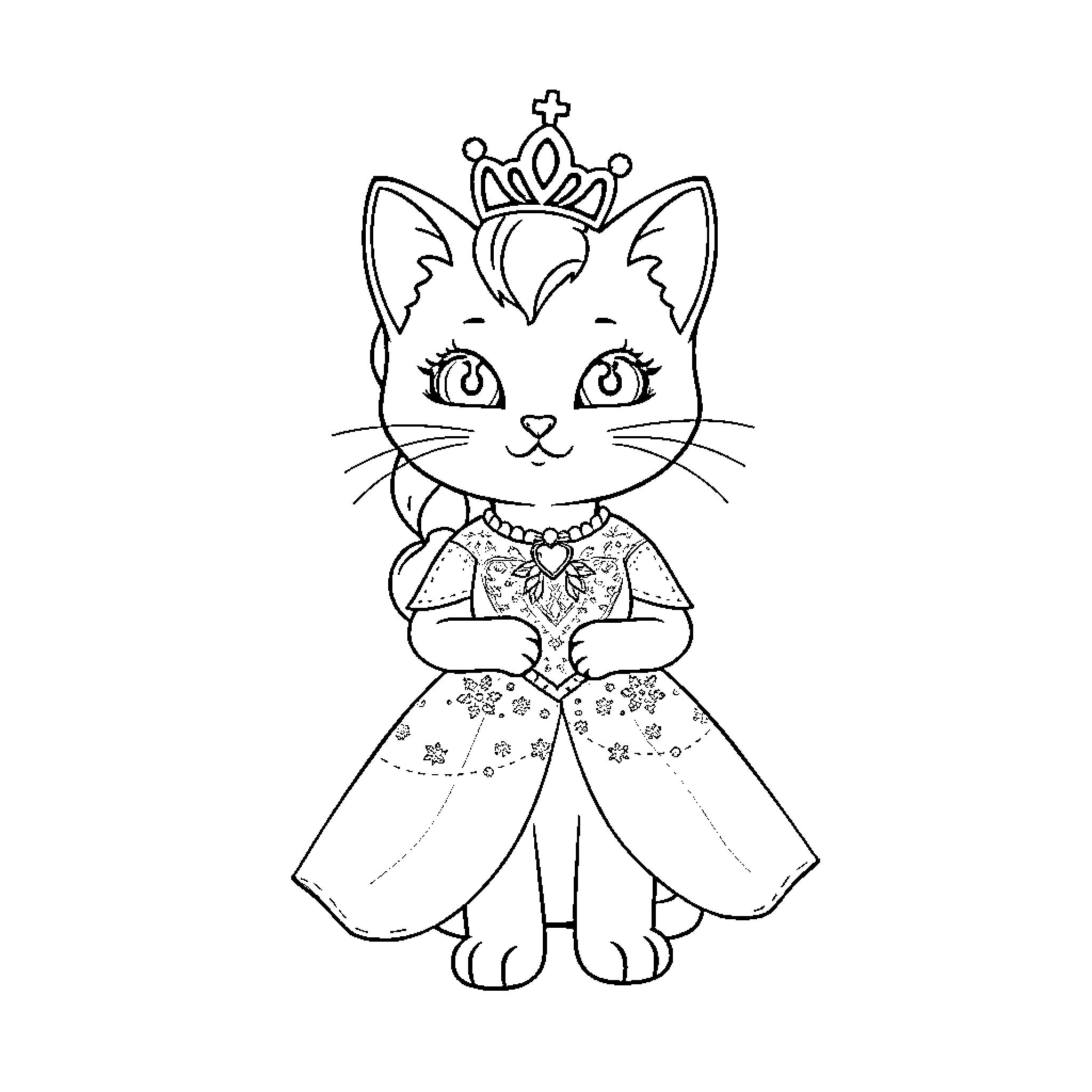 Elsa the Regal Feline Princess Coloring Page (free black-and-white line drawing printable PDF for all, from beginners to advanced learners, including children, teens, adults, and seniors)